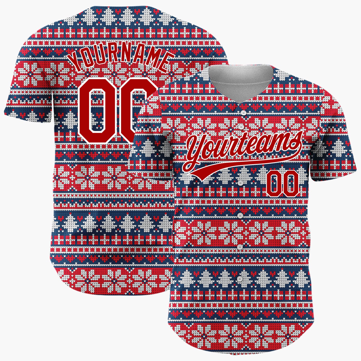 Custom Red White Trees And Snowflakes Nordic Fair Isle Knit Pattern Christmas Baseball Jersey