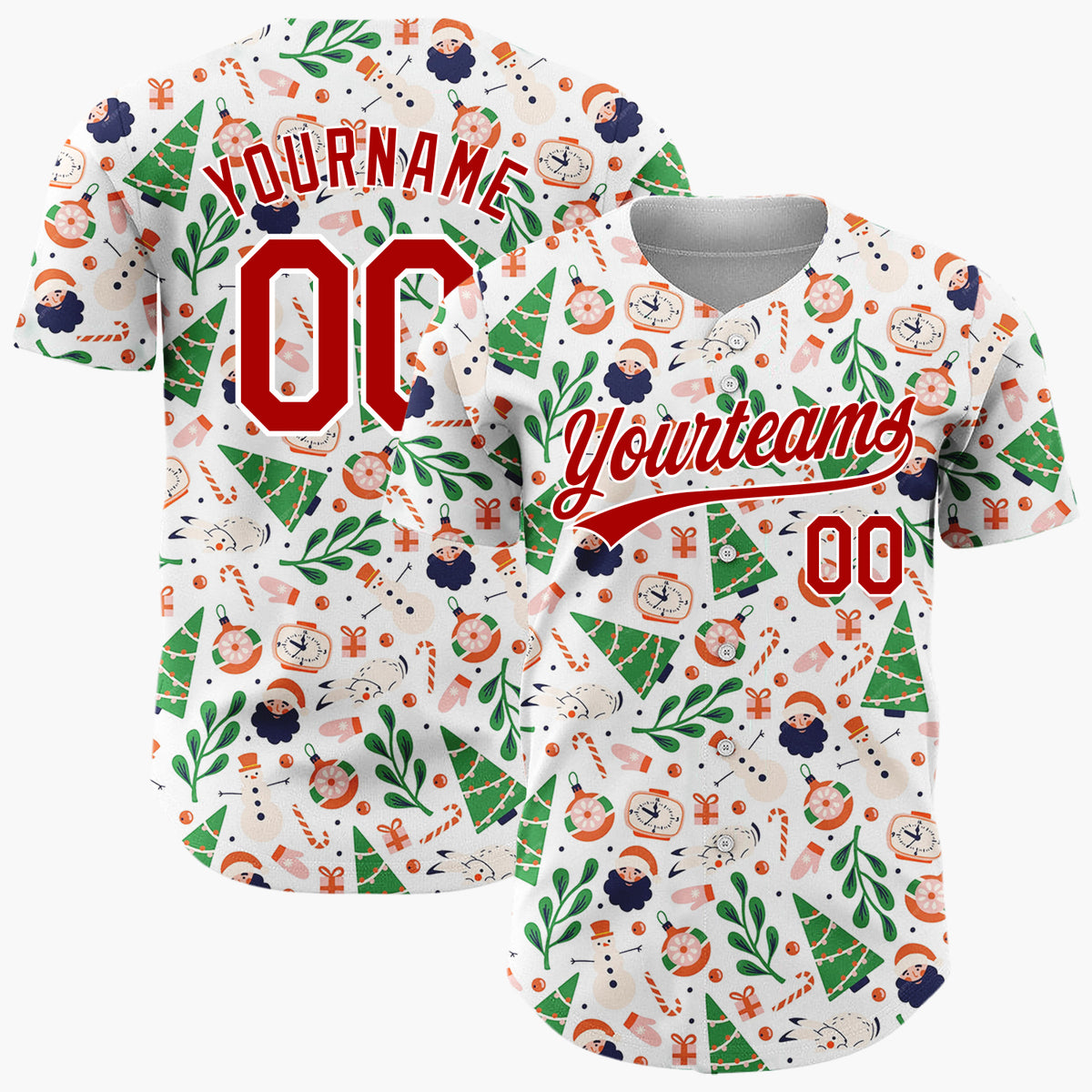 Custom White Christmas Trees Santa Doodles Cartoon Pattern Christmas Baseball Jersey