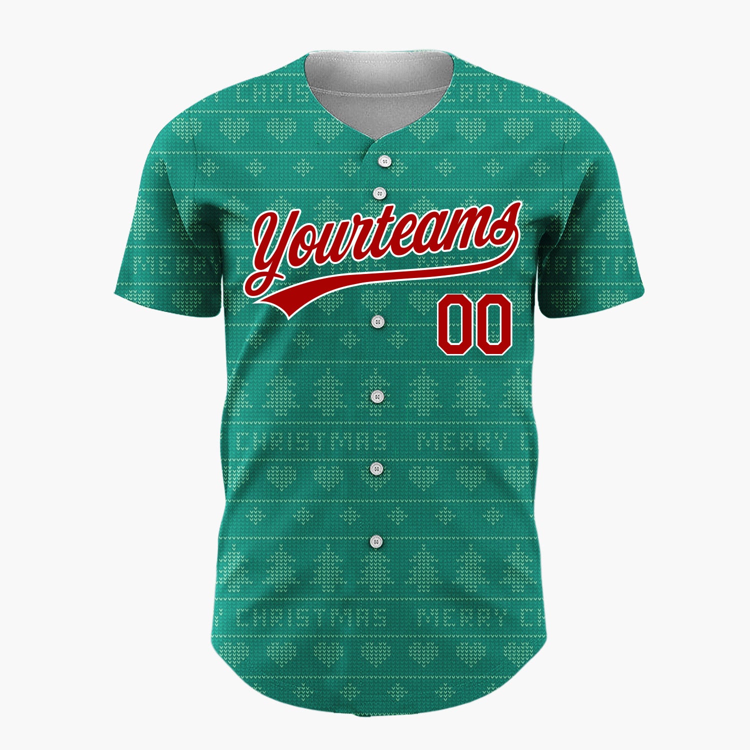 Custom Teal Green Trees And Text Christmas Knit Pattern Christmas Baseball Jersey