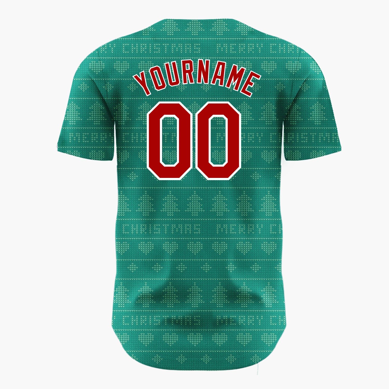Custom Teal Green Trees And Text Christmas Knit Pattern Christmas Baseball Jersey