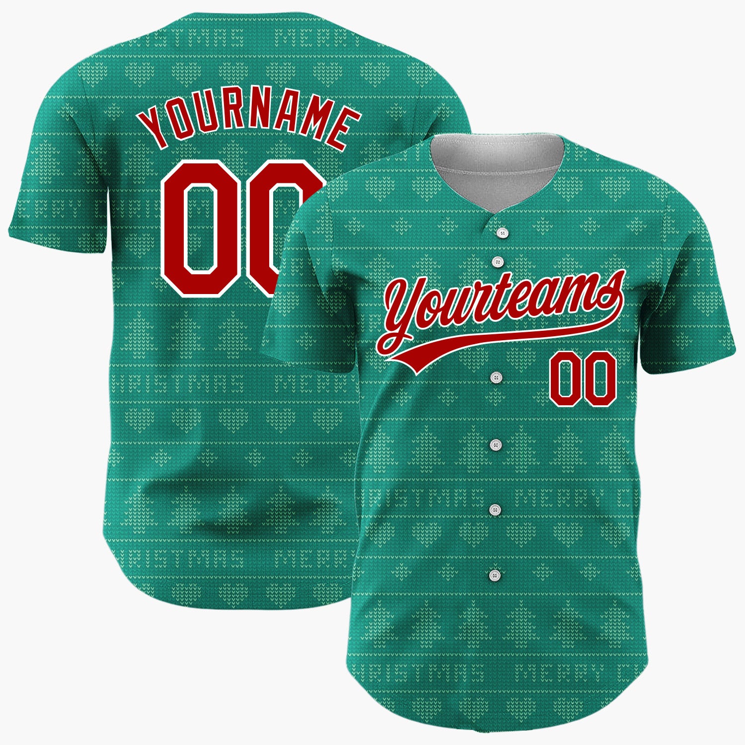 Custom Teal Green Trees And Text Christmas Knit Pattern Christmas Baseball Jersey