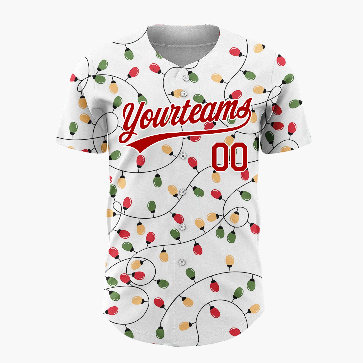 Custom White Red Green Orange Christmas Lights Loose String Pattern Christmas Baseball Jersey