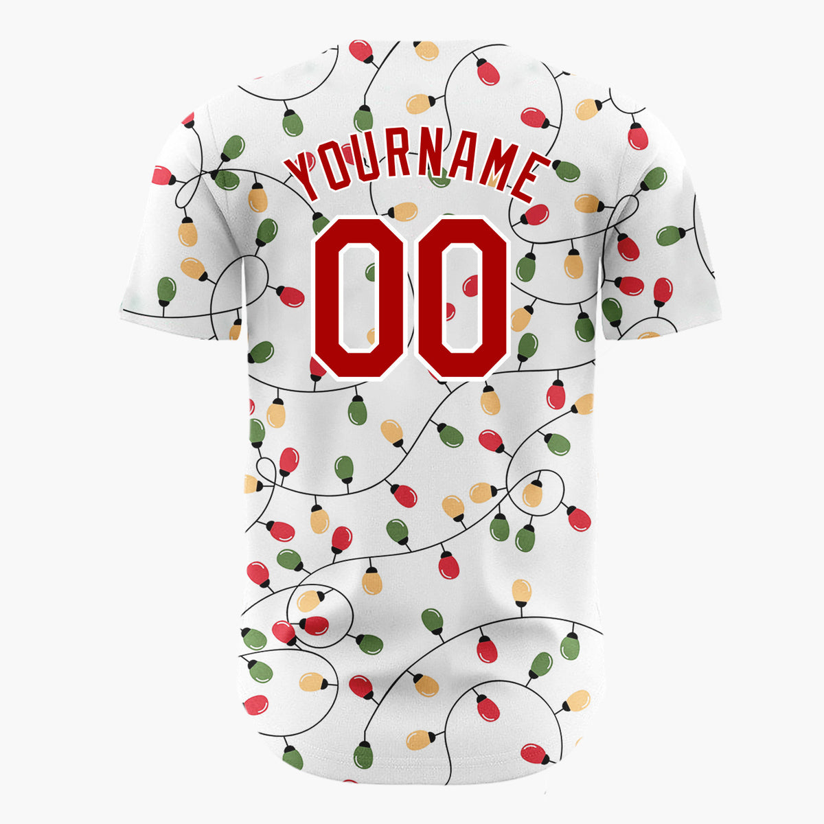 Custom White Red Green Orange Christmas Lights Loose String Pattern Christmas Baseball Jersey