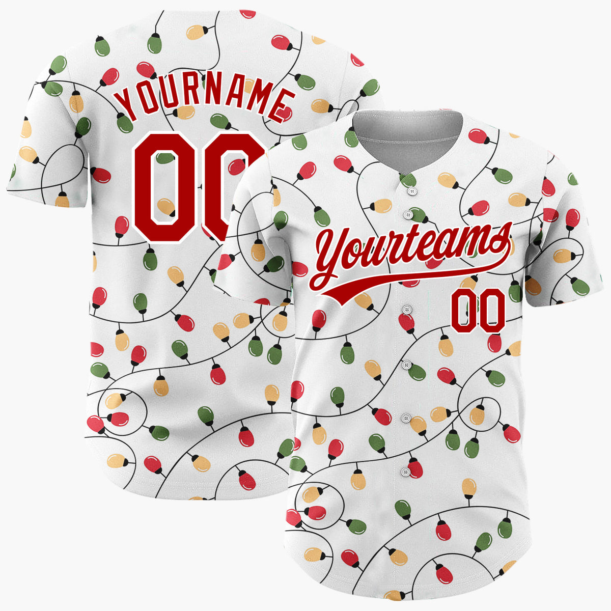 Custom White Red Green Orange Christmas Lights Loose String Pattern Christmas Baseball Jersey