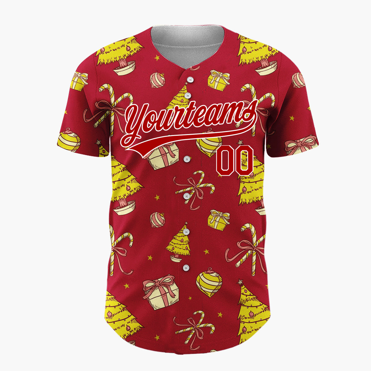 Custom Red Yellow Trees Gifts And Baubles Christmas Sketch Pattern Christmas Baseball Jersey