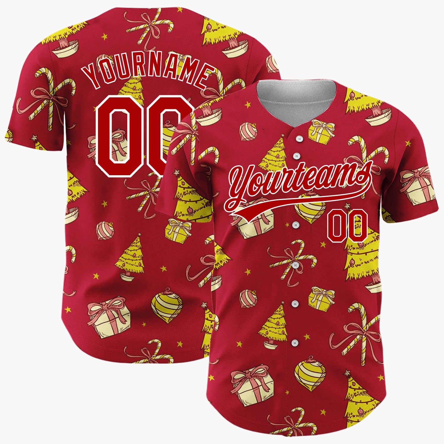 Custom Red Yellow Trees Gifts And Baubles Christmas Sketch Pattern Christmas Baseball Jersey