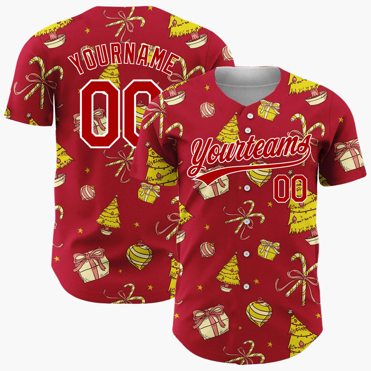 Custom Red Yellow Trees Gifts And Baubles Christmas Sketch Pattern Christmas Baseball Jersey