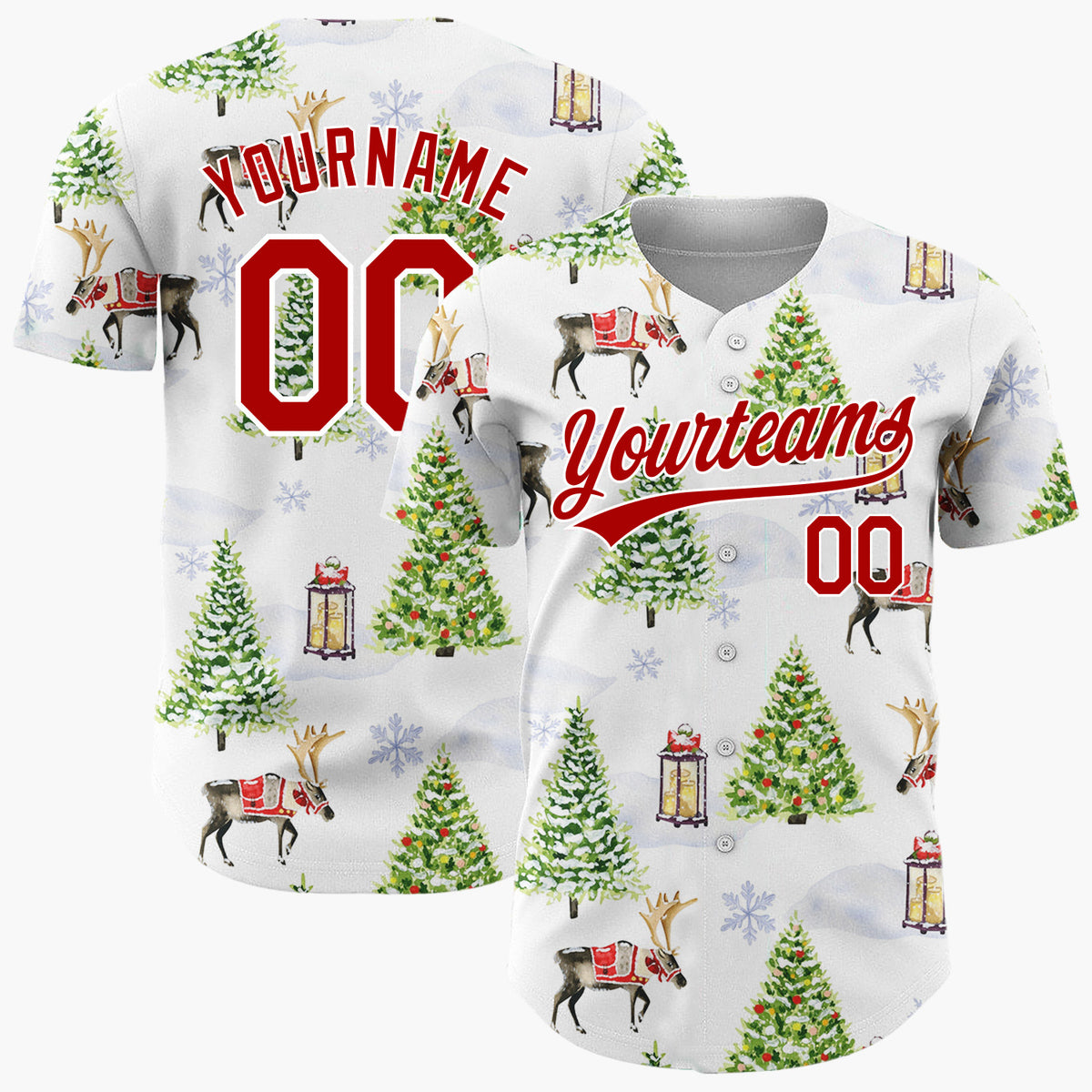 Custom White Christmas Tree And Reindeer Winter Watercolor Pattern Christmas Baseball Jersey