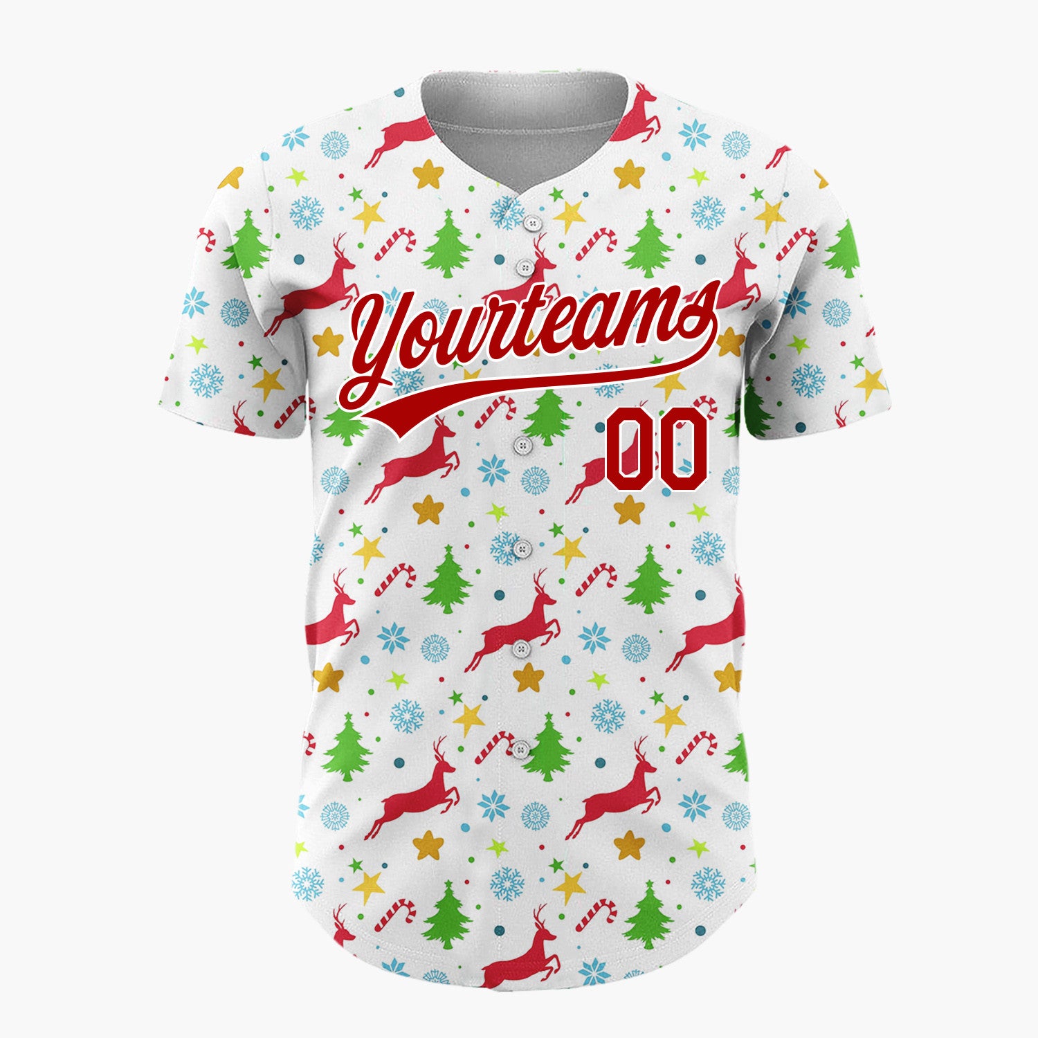 Custom White Red Green Reindeer Trees And Stars Festive Christmas Baseball Jersey