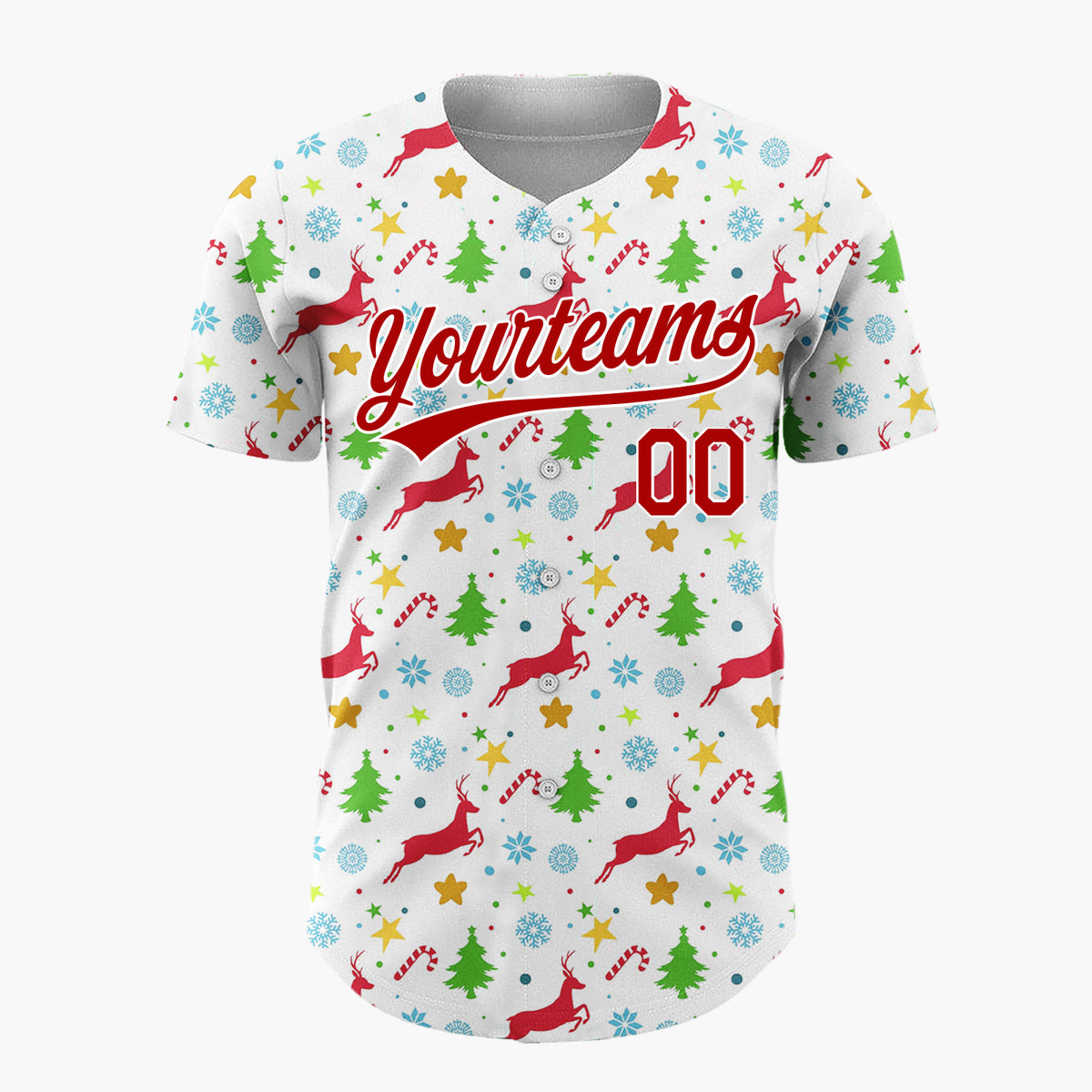 Custom White Red Green Reindeer Trees And Stars Festive Christmas Baseball Jersey