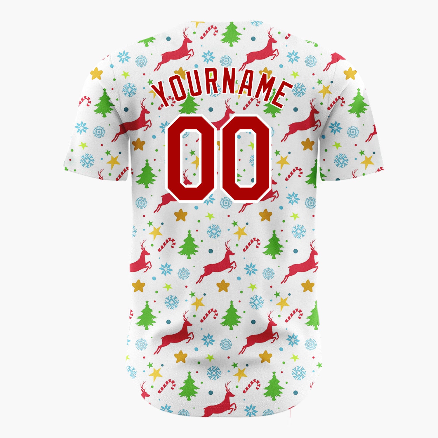 Custom White Red Green Reindeer Trees And Stars Festive Christmas Baseball Jersey