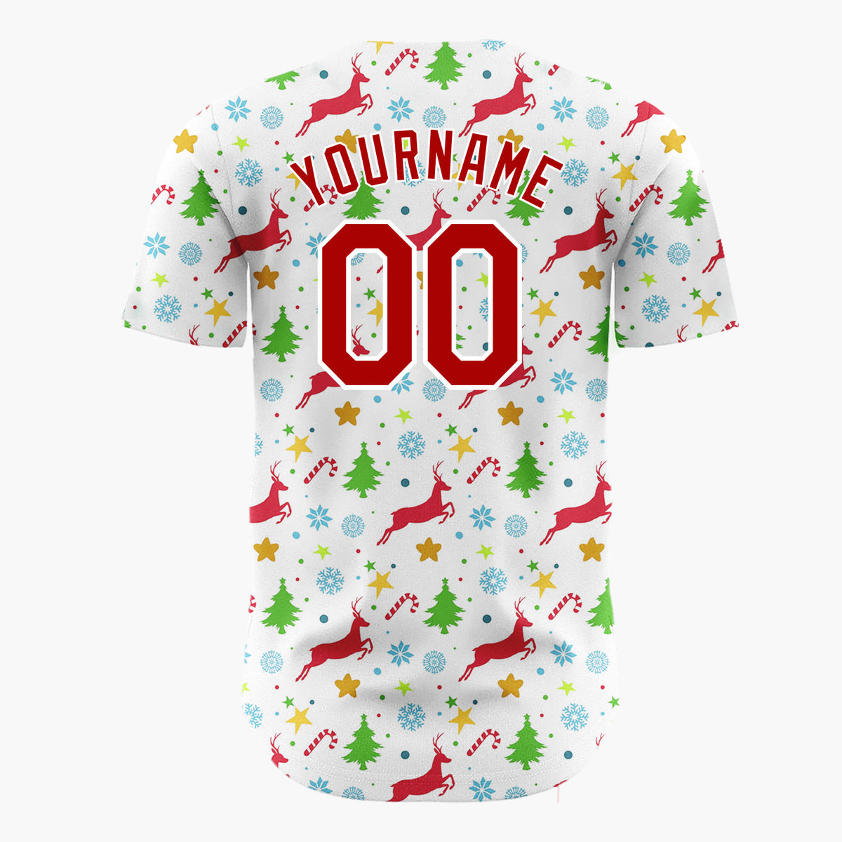 Custom White Red Green Reindeer Trees And Stars Festive Christmas Baseball Jersey