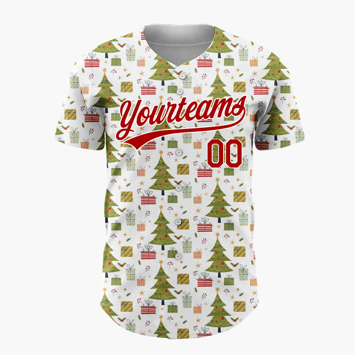 Custom White Green Christmas Trees And Gifts Minimalist Holiday Pattern Christmas Baseball Jersey