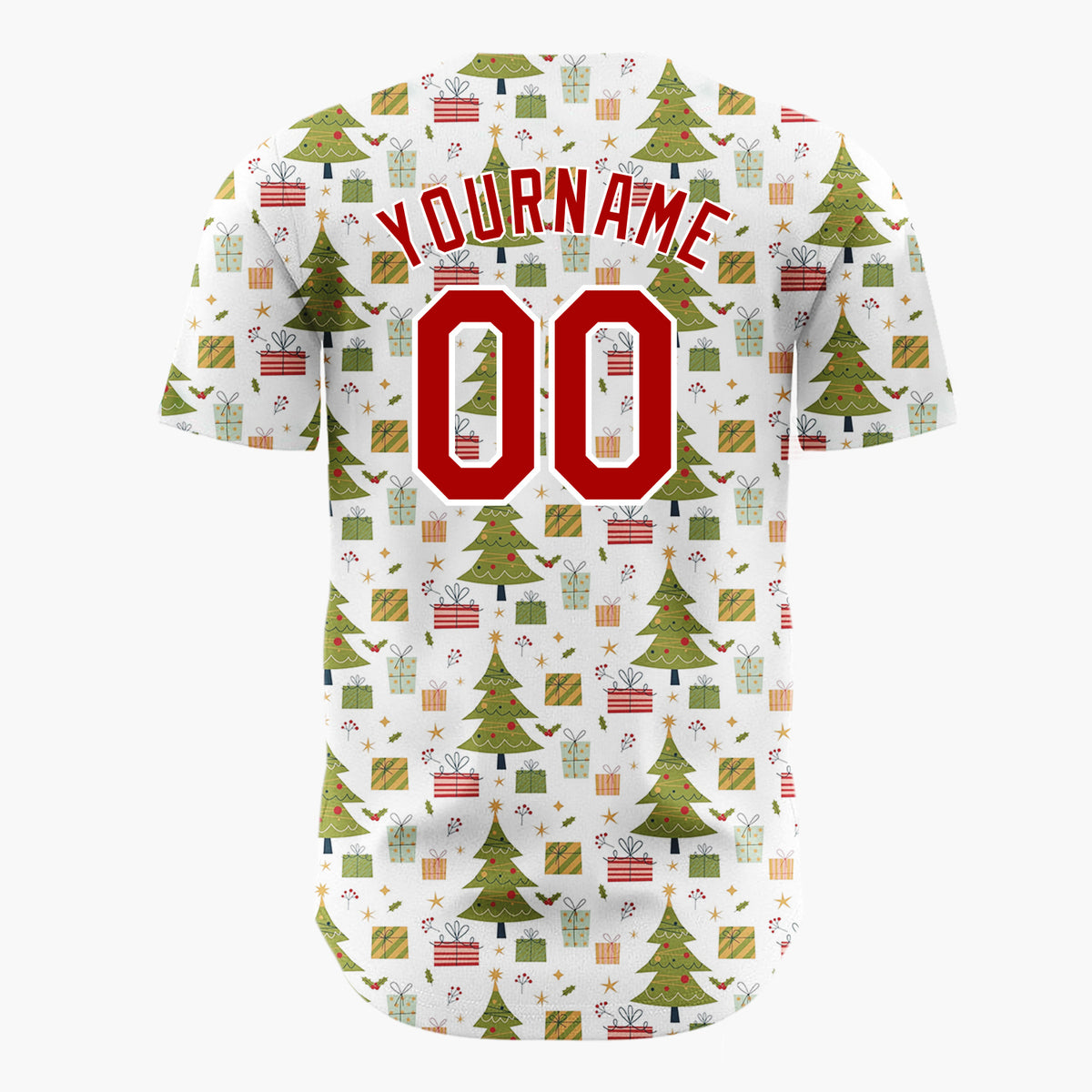 Custom White Green Christmas Trees And Gifts Minimalist Holiday Pattern Christmas Baseball Jersey