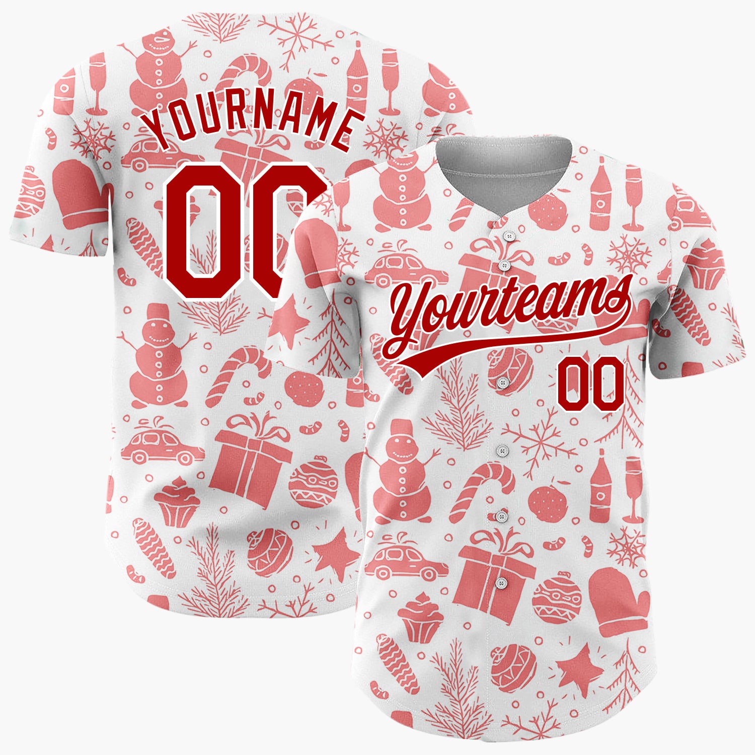 Custom White Coral Christmas Icon Silhouette Pattern Christmas Baseball Jersey