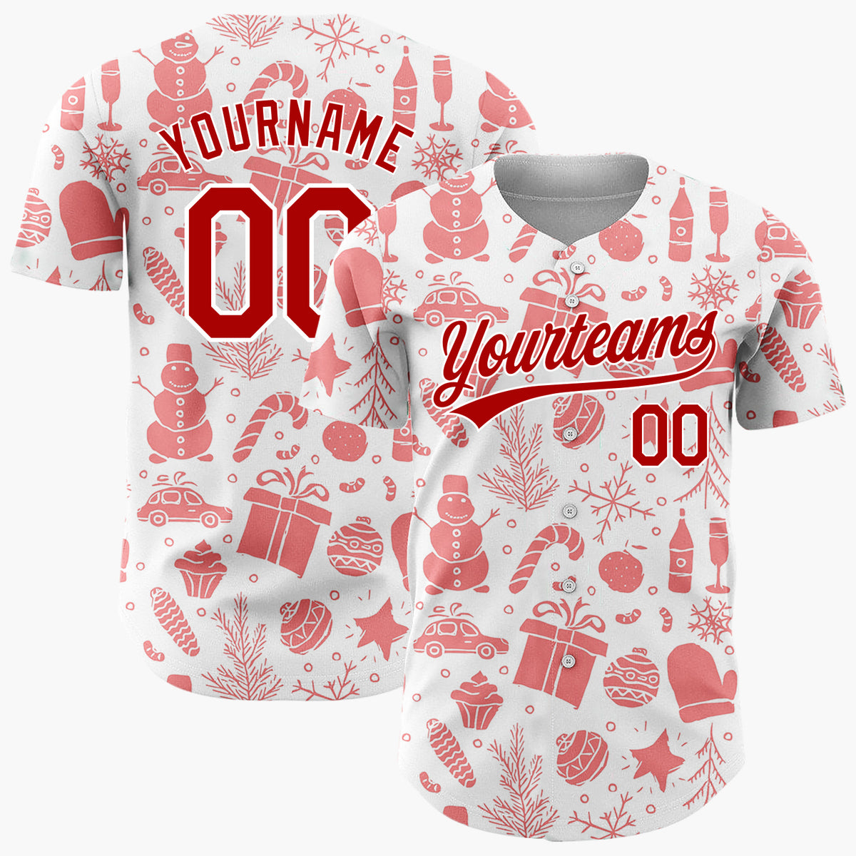 Custom White Coral Christmas Icon Silhouette Pattern Christmas Baseball Jersey