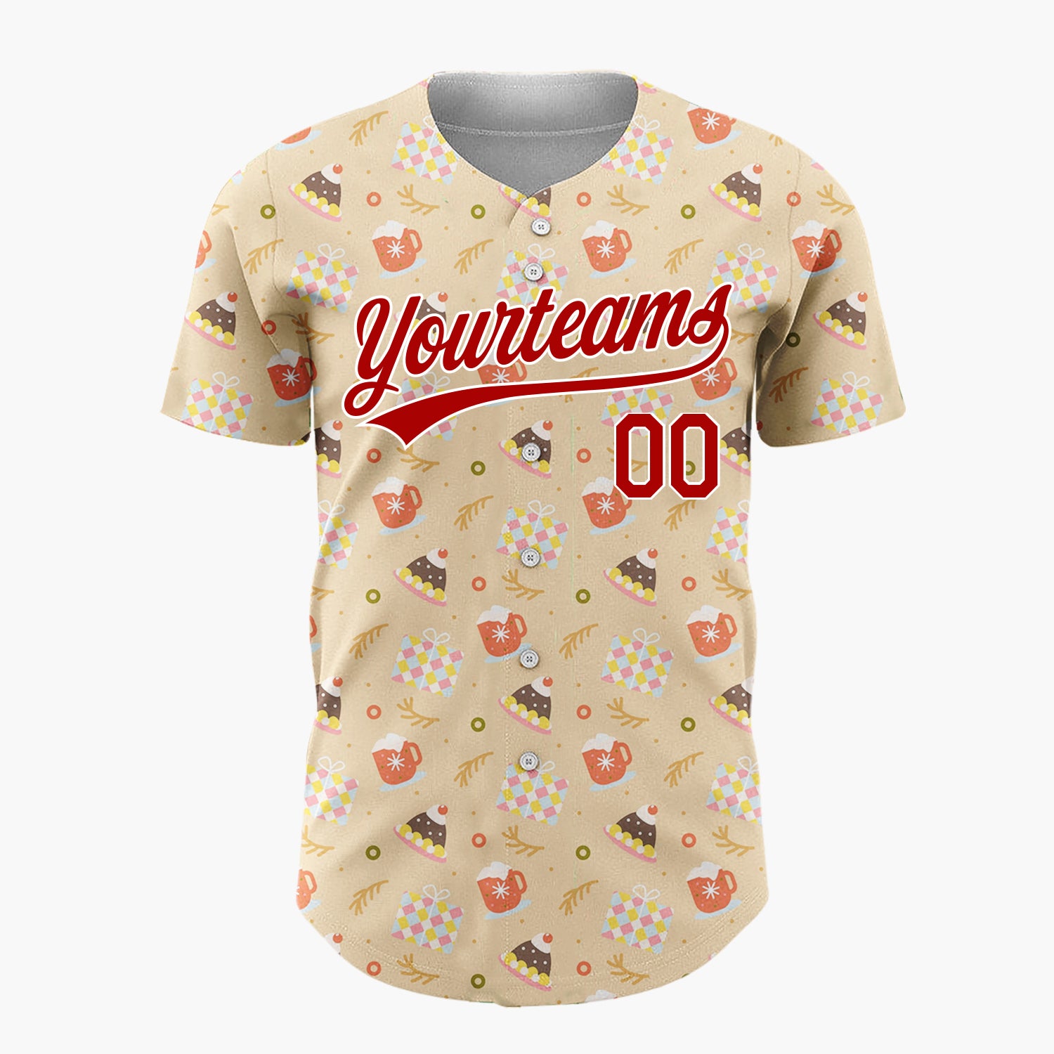 Custom Tan Red White Cupcakes Hot Chocolate Mugs And Hats Cozy Dessert Pattern Christmas Baseball Jersey