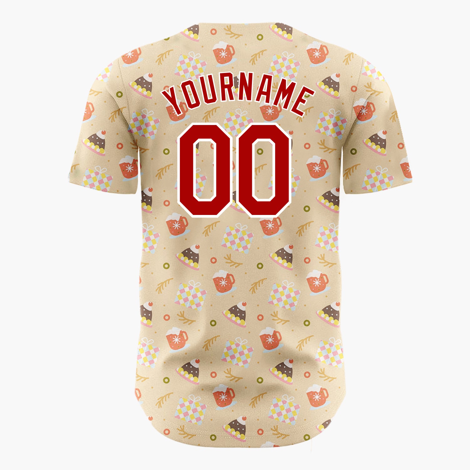 Custom Tan Red White Cupcakes Hot Chocolate Mugs And Hats Cozy Dessert Pattern Christmas Baseball Jersey
