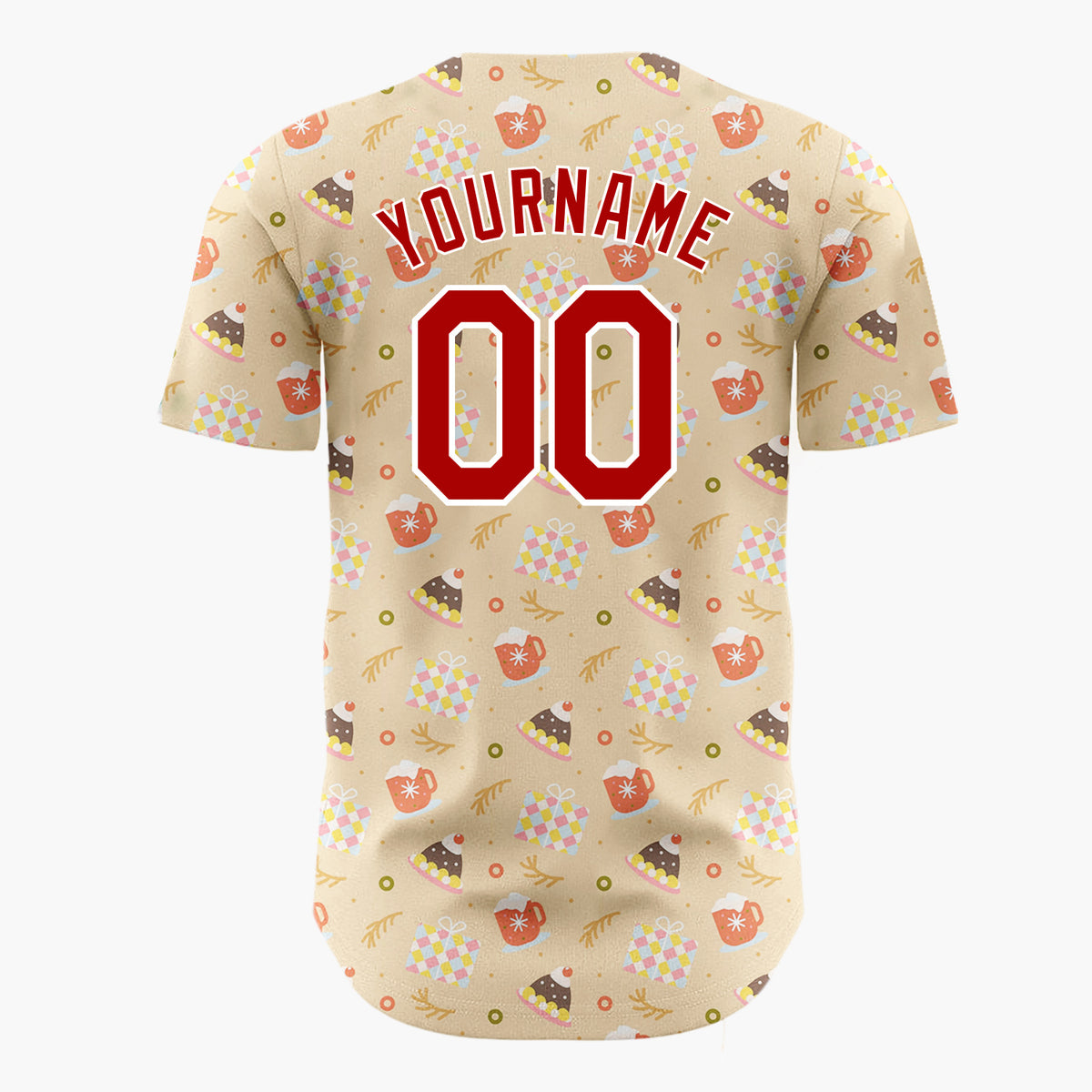 Custom Tan Red White Cupcakes Hot Chocolate Mugs And Hats Cozy Dessert Pattern Christmas Baseball Jersey