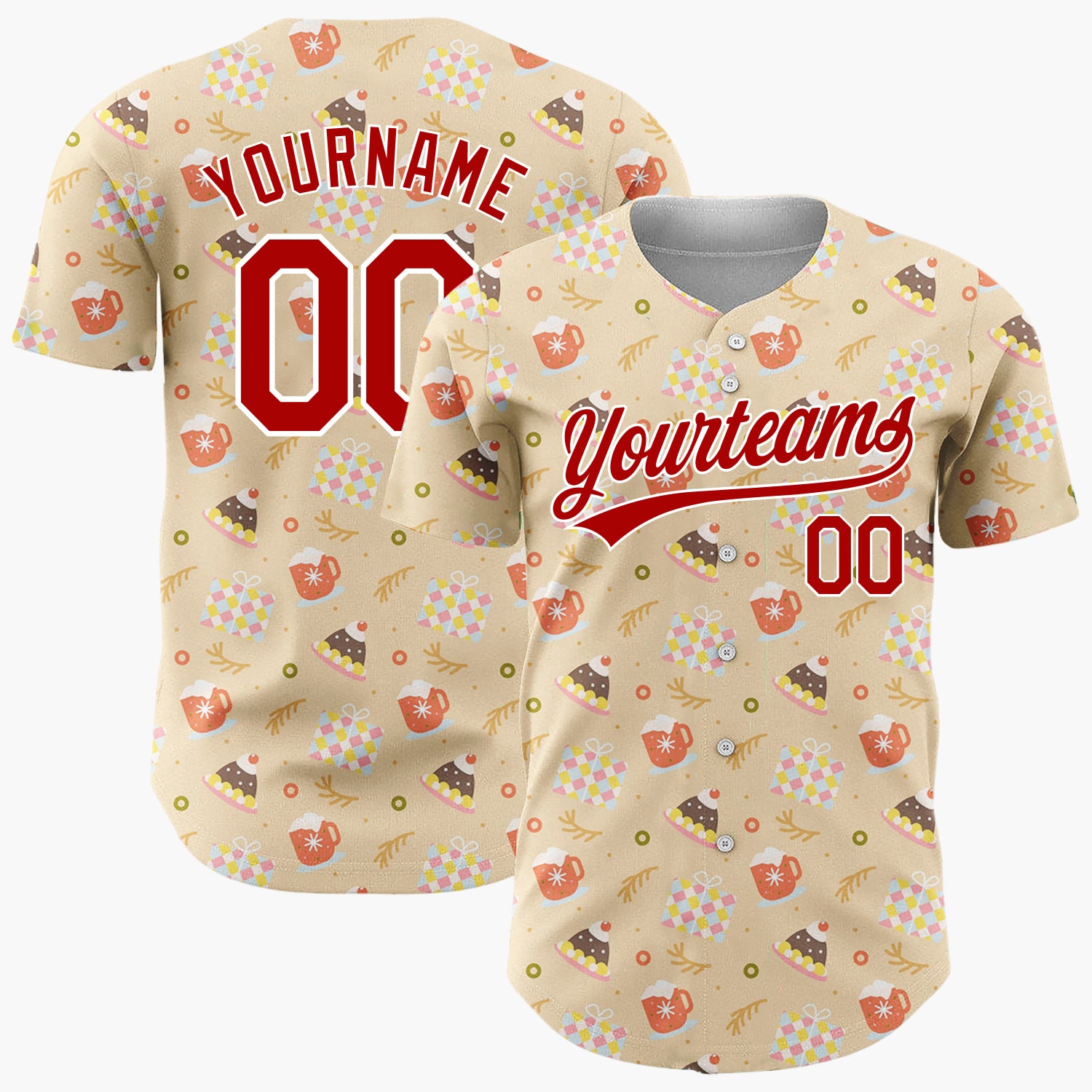 Custom Tan Red White Cupcakes Hot Chocolate Mugs And Hats Cozy Dessert Pattern Christmas Baseball Jersey
