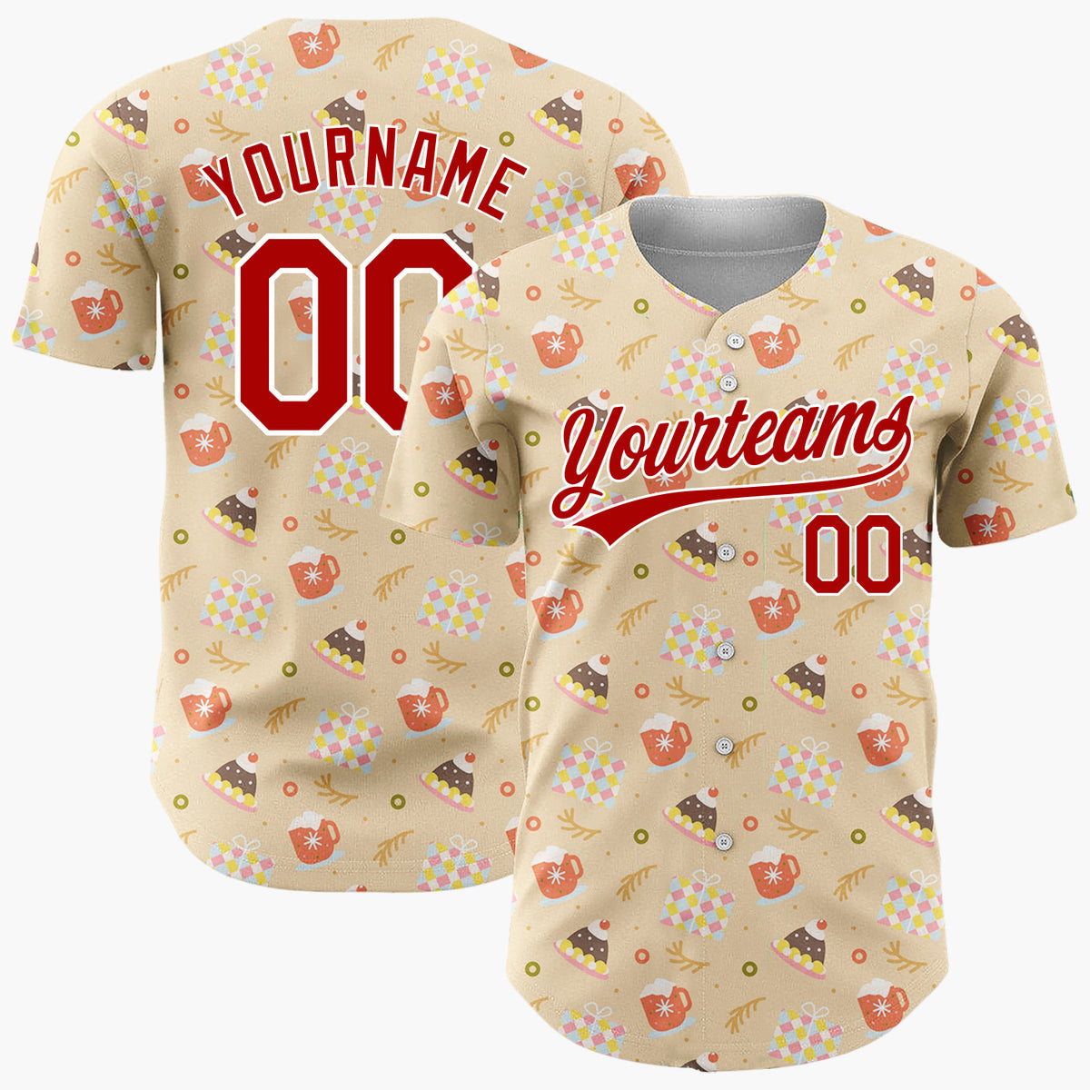 Custom Tan Red White Cupcakes Hot Chocolate Mugs And Hats Cozy Dessert Pattern Christmas Baseball Jersey