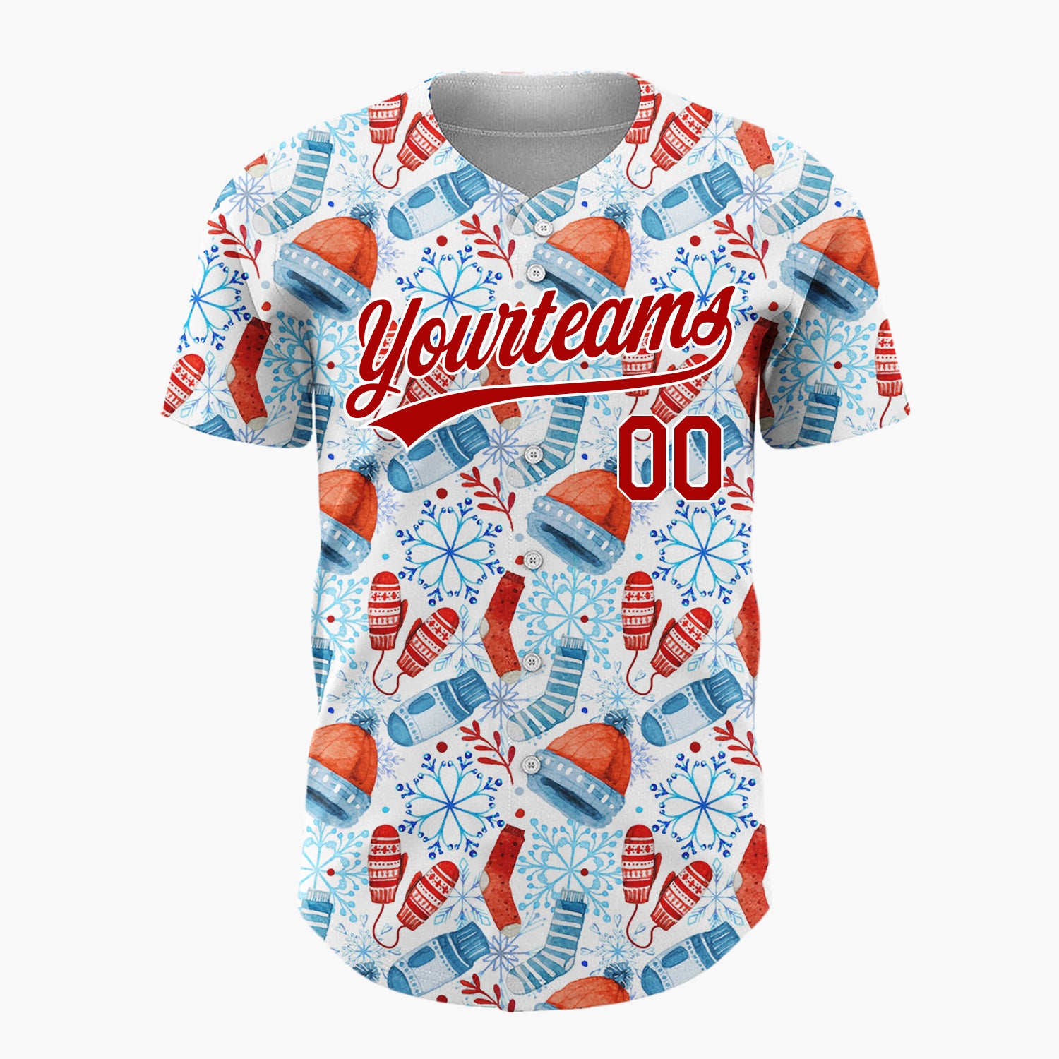 Custom White Red Blue Winter Wear Watercolor Pattern Christmas Baseball Jersey