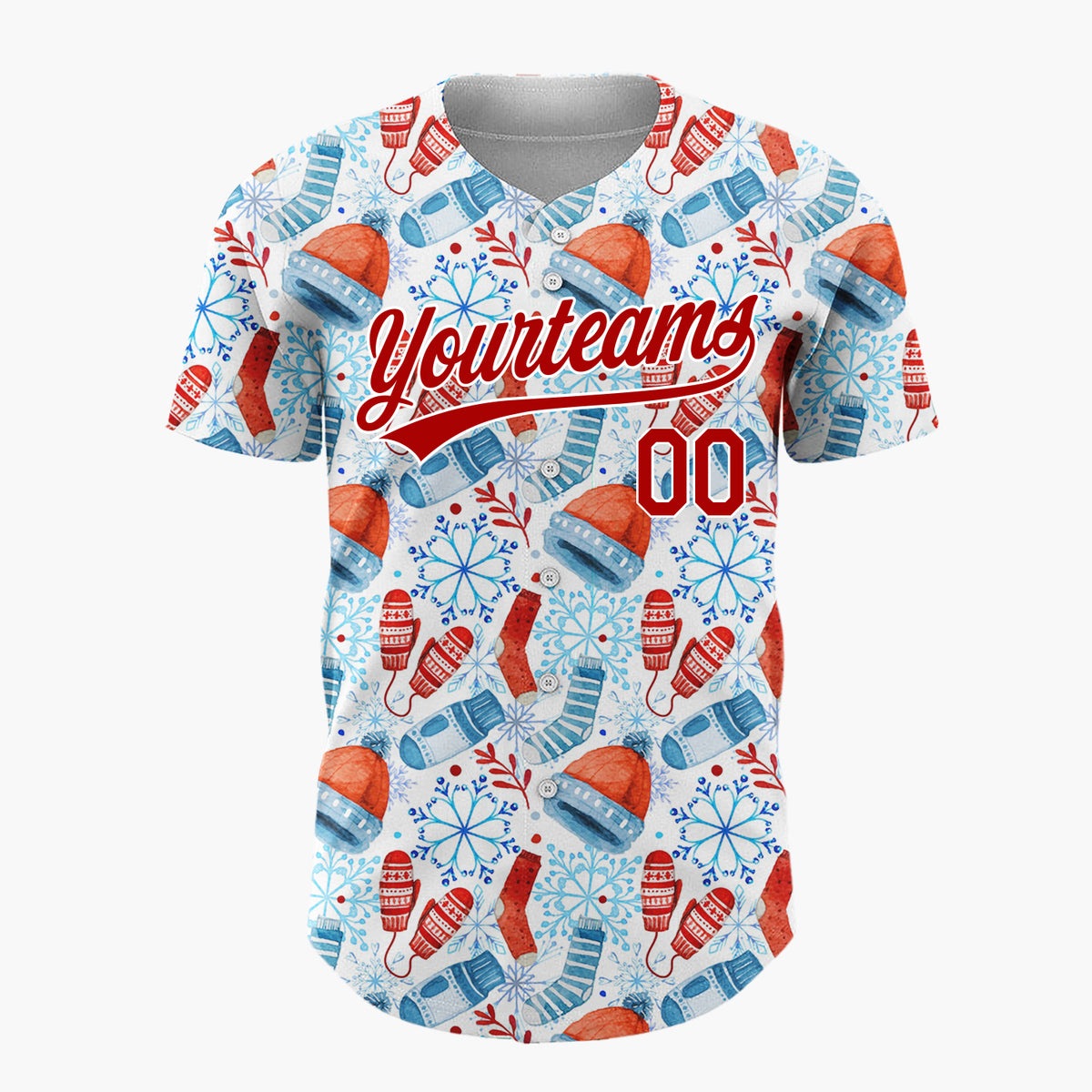 Custom White Red Blue Winter Wear Watercolor Pattern Christmas Baseball Jersey