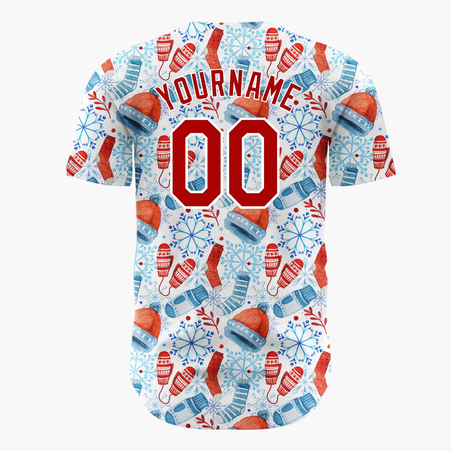 Custom White Red Blue Winter Wear Watercolor Pattern Christmas Baseball Jersey