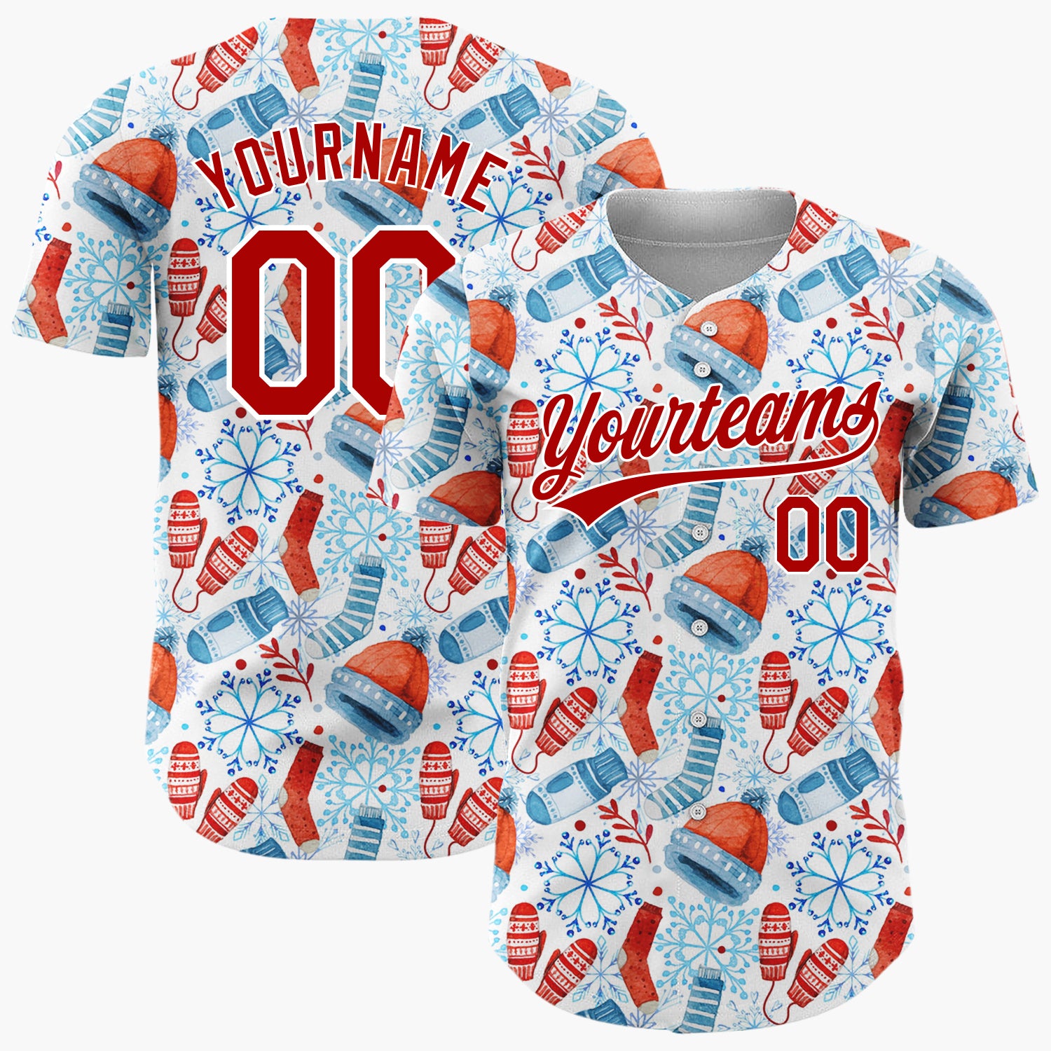 Custom White Red Blue Winter Wear Watercolor Pattern Christmas Baseball Jersey