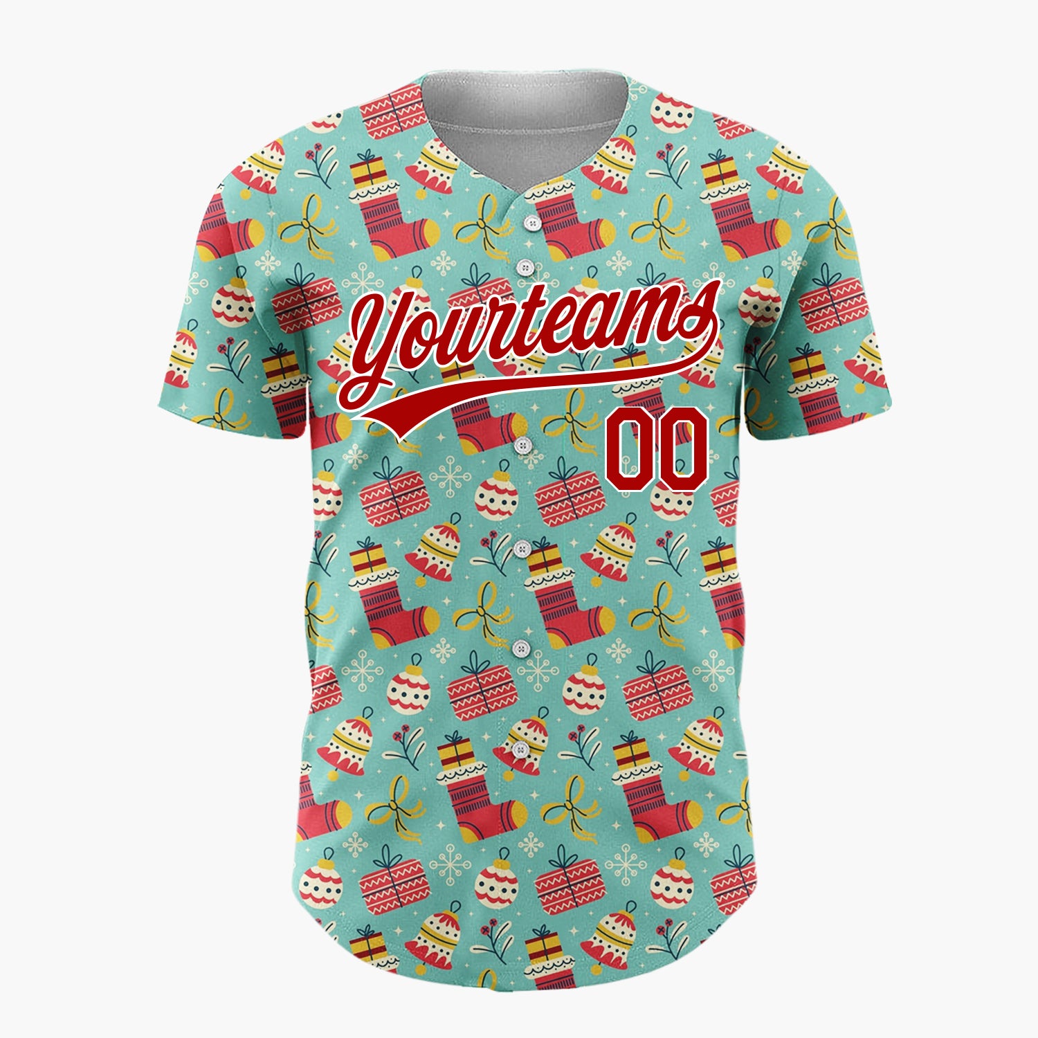 Custom Teal Red Stockings Presents And Baubles Christmas Doodle Pattern Christmas Baseball Jersey
