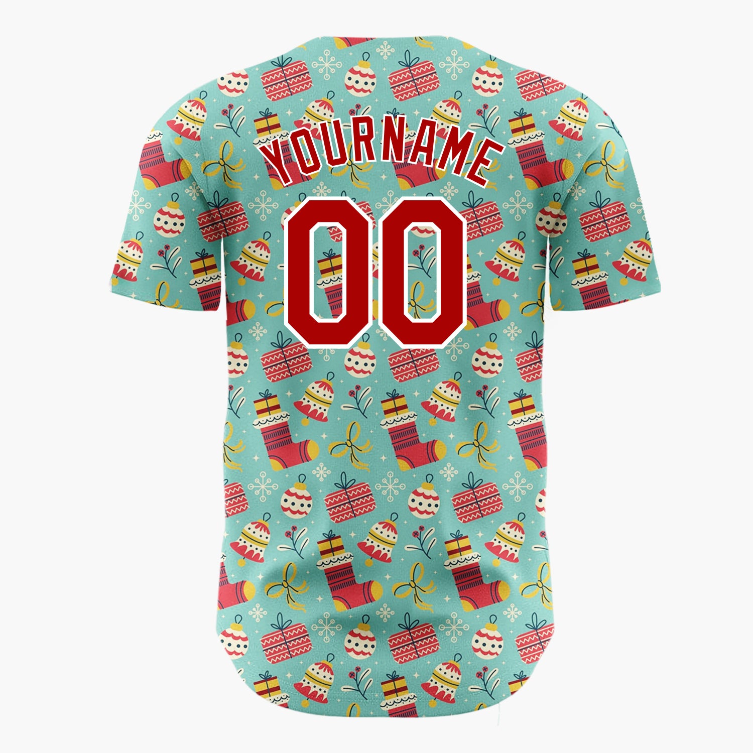 Custom Teal Red Stockings Presents And Baubles Christmas Doodle Pattern Christmas Baseball Jersey