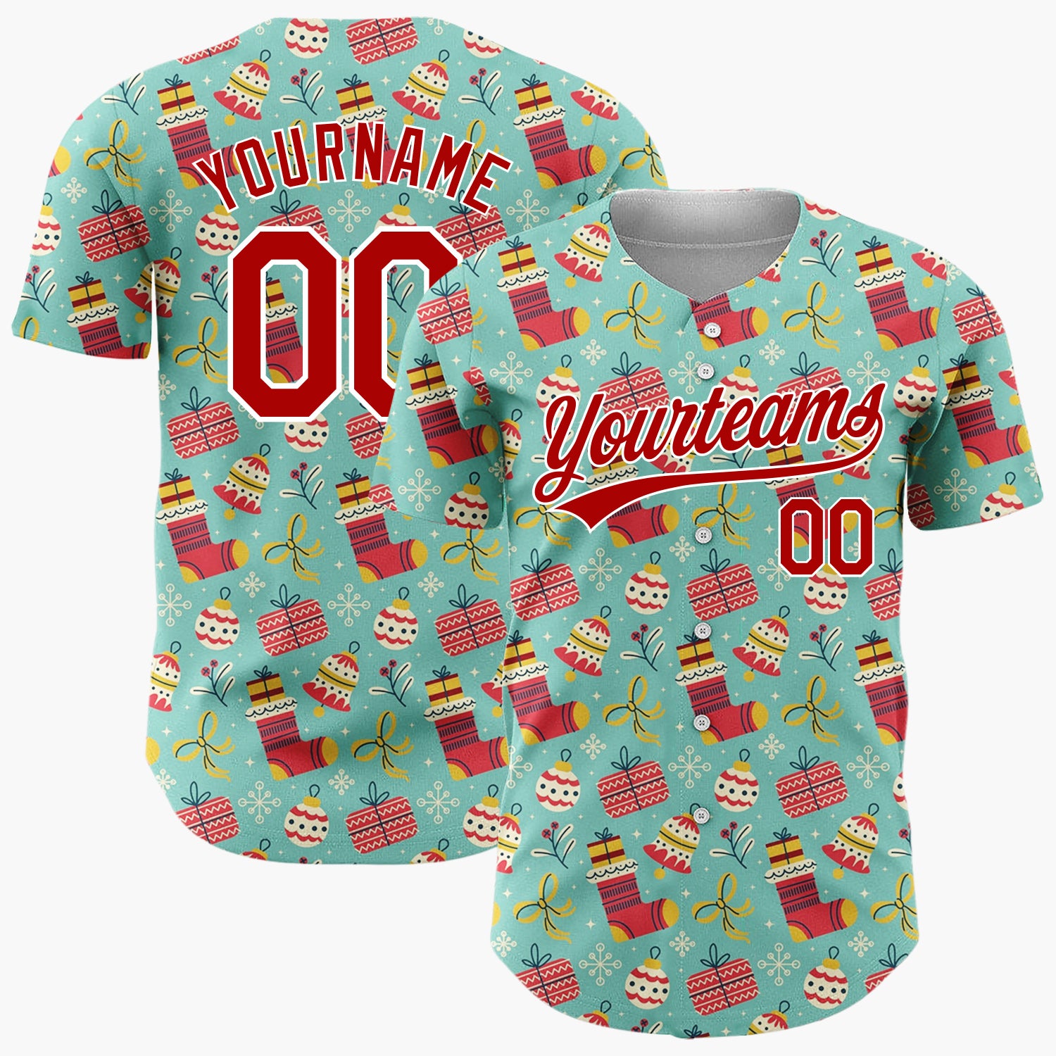 Custom Teal Red Stockings Presents And Baubles Christmas Doodle Pattern Christmas Baseball Jersey