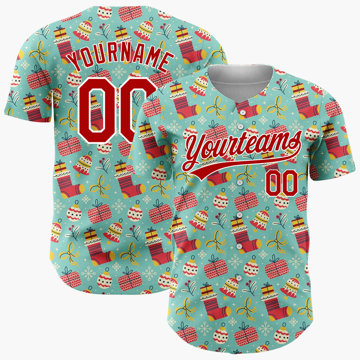 Custom Teal Red Stockings Presents And Baubles Christmas Doodle Pattern Christmas Baseball Jersey