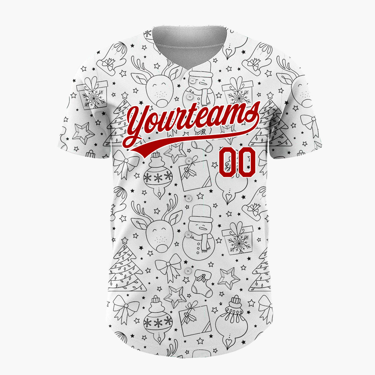 Custom White Christmas Doodles Outline Festive Line Art Pattern Christmas Baseball Jersey