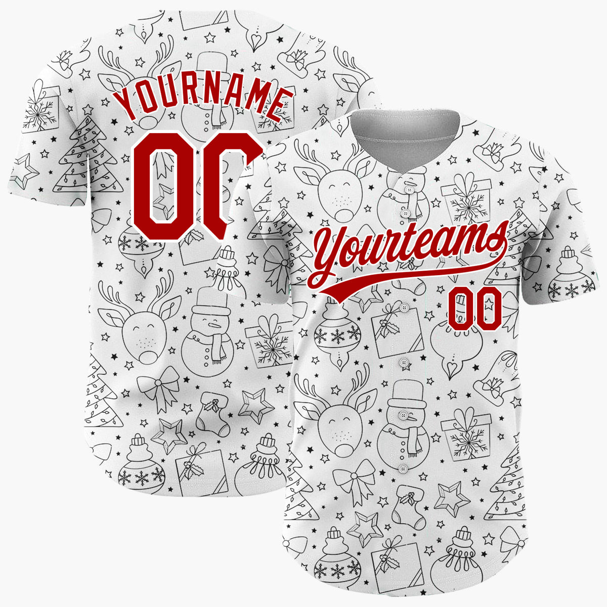 Custom White Christmas Doodles Outline Festive Line Art Pattern Christmas Baseball Jersey