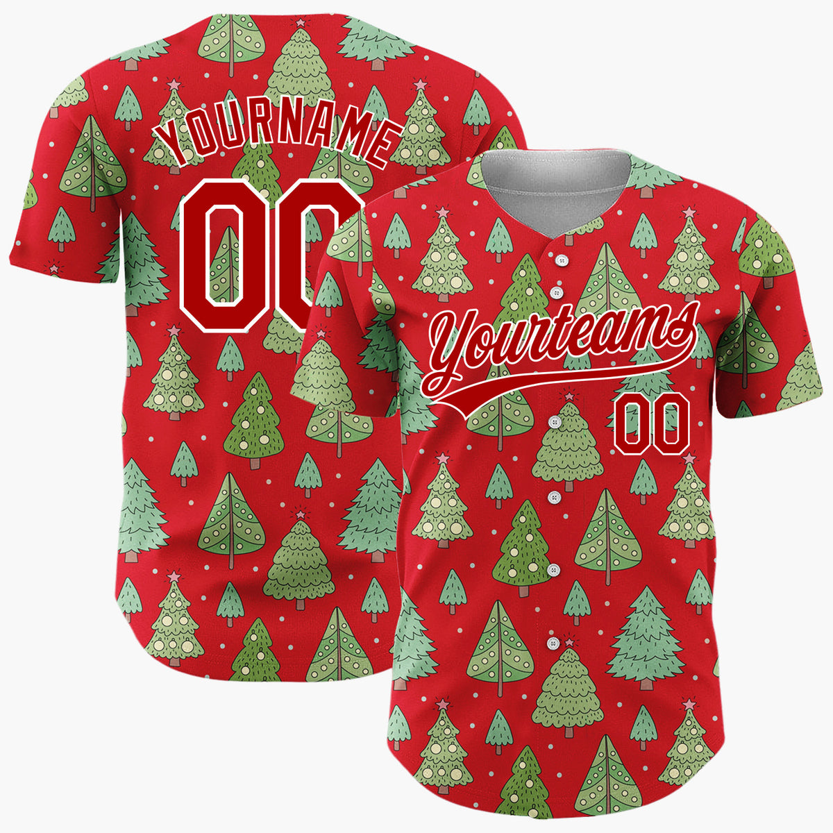 Custom White Green Christmas Trees And Stars Simple Doodle Pattern Christmas Baseball Jersey