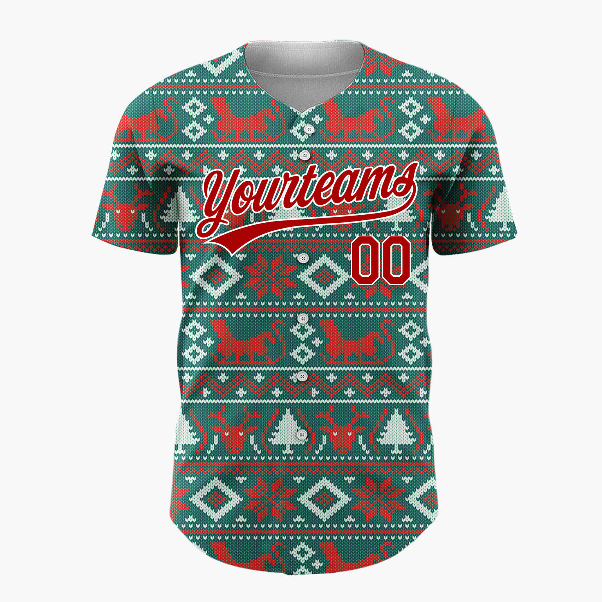 Custom Teal Red Reindeers Cats And Trees Knitted Christmas Baseball Jersey