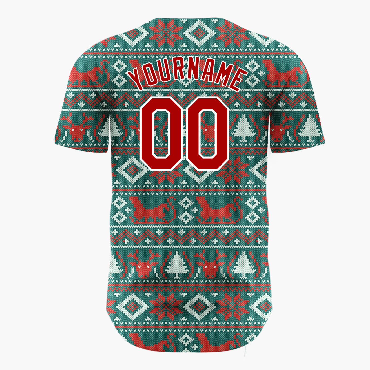 Custom Teal Red Reindeers Cats And Trees Knitted Christmas Baseball Jersey