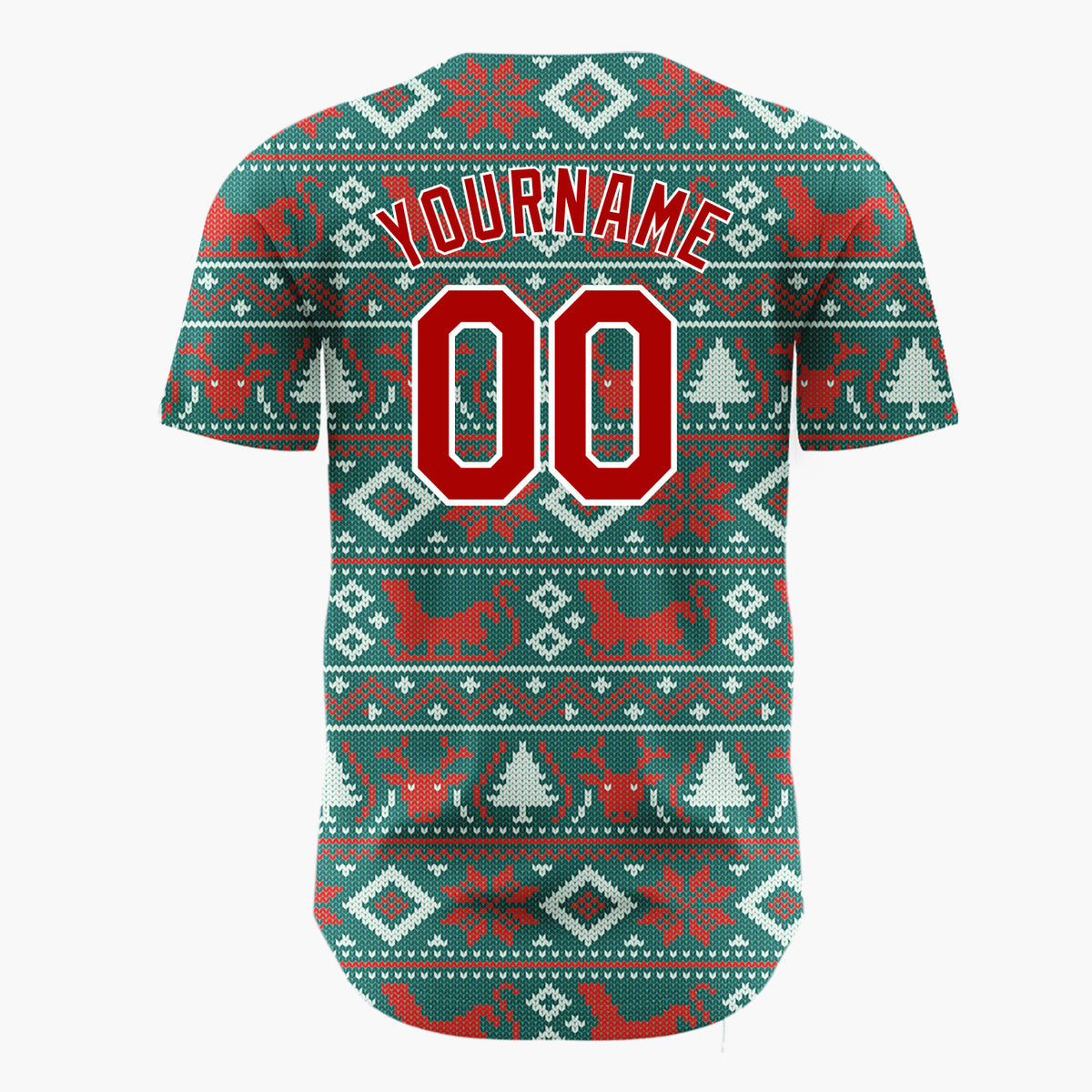 Custom Teal Red Reindeers Cats And Trees Knitted Christmas Baseball Jersey