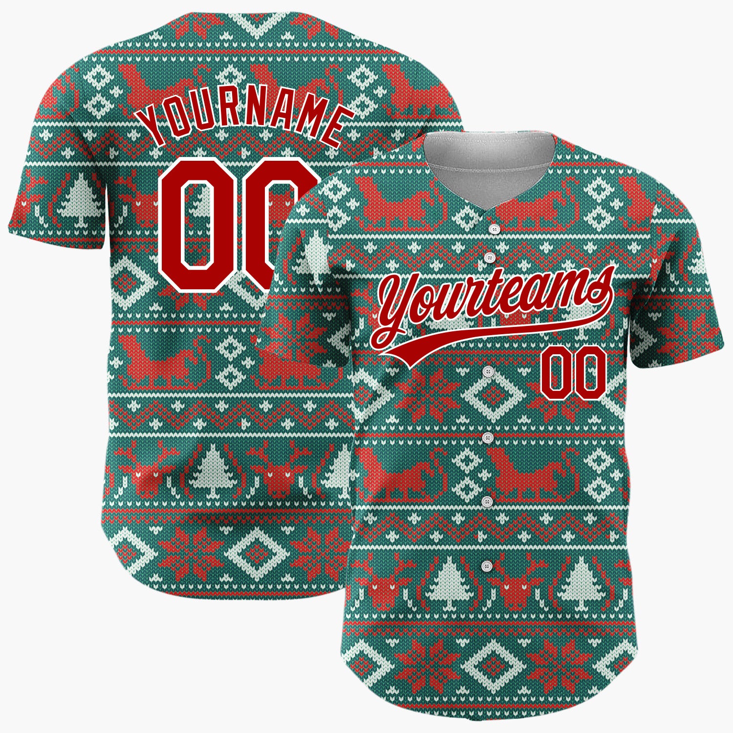 Custom Teal Red Reindeers Cats And Trees Knitted Christmas Baseball Jersey