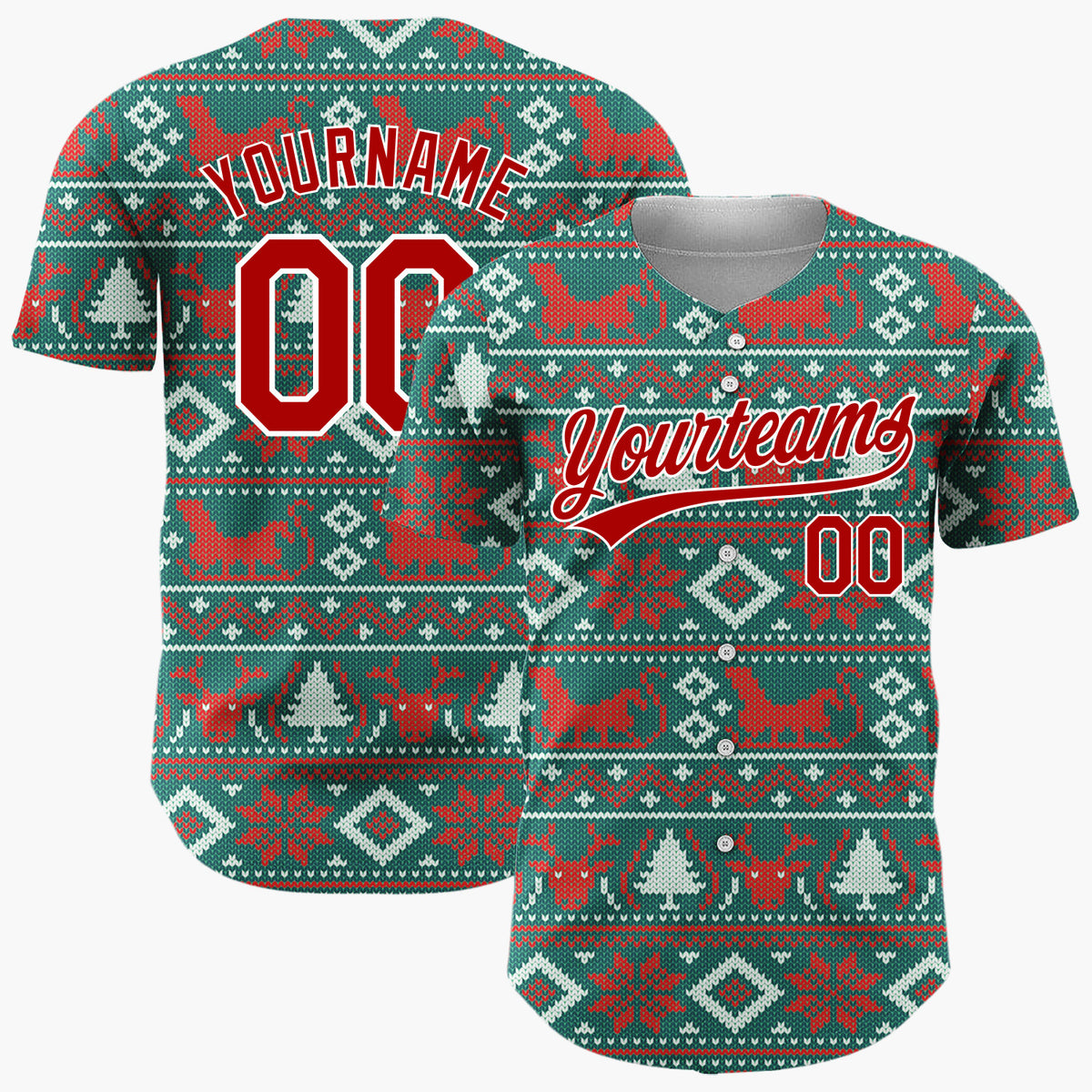 Custom Teal Red Reindeers Cats And Trees Knitted Christmas Baseball Jersey
