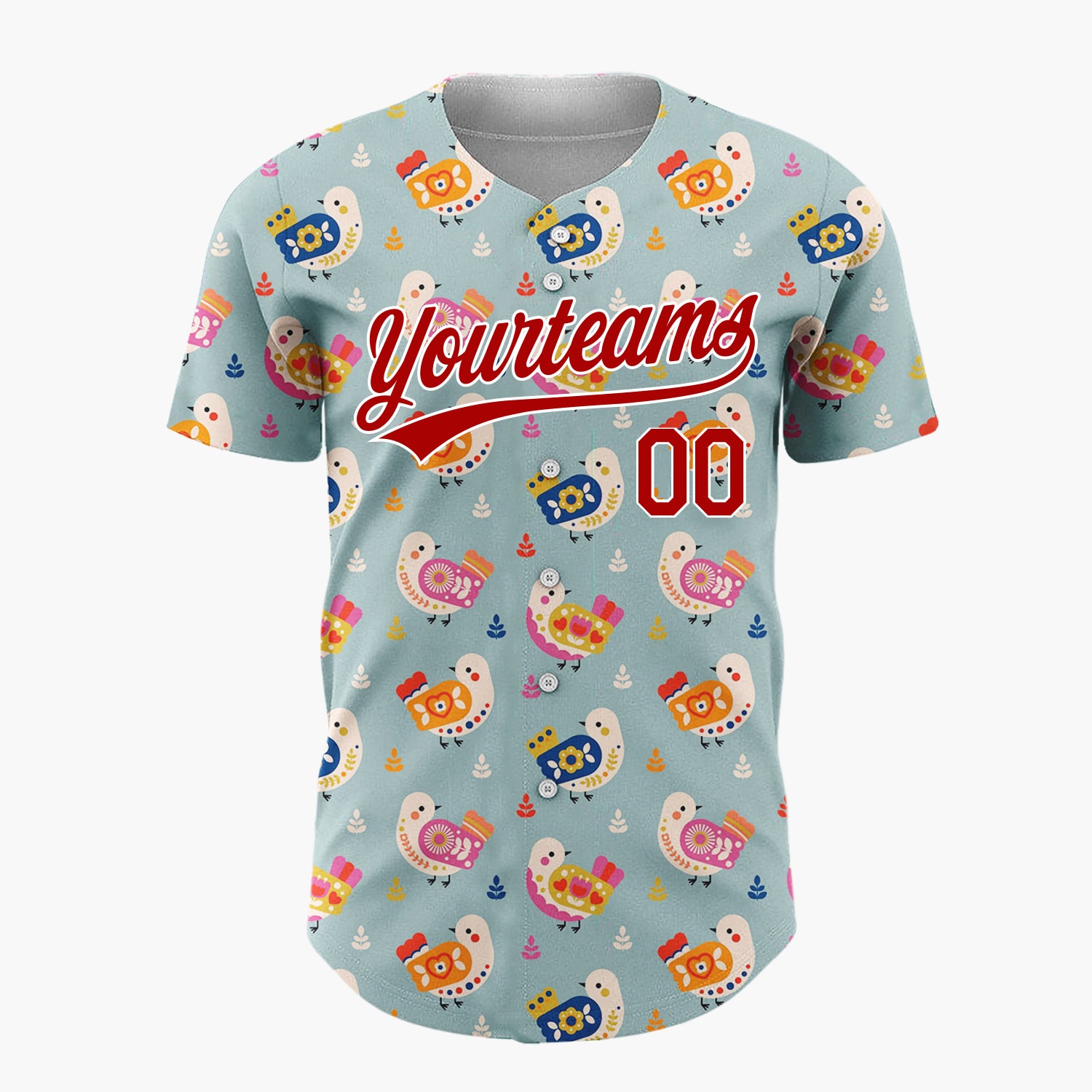 Custom Teal Pink And Orange Folk Birds Leaves Scandinavian Pattern Christmas Baseball Jersey