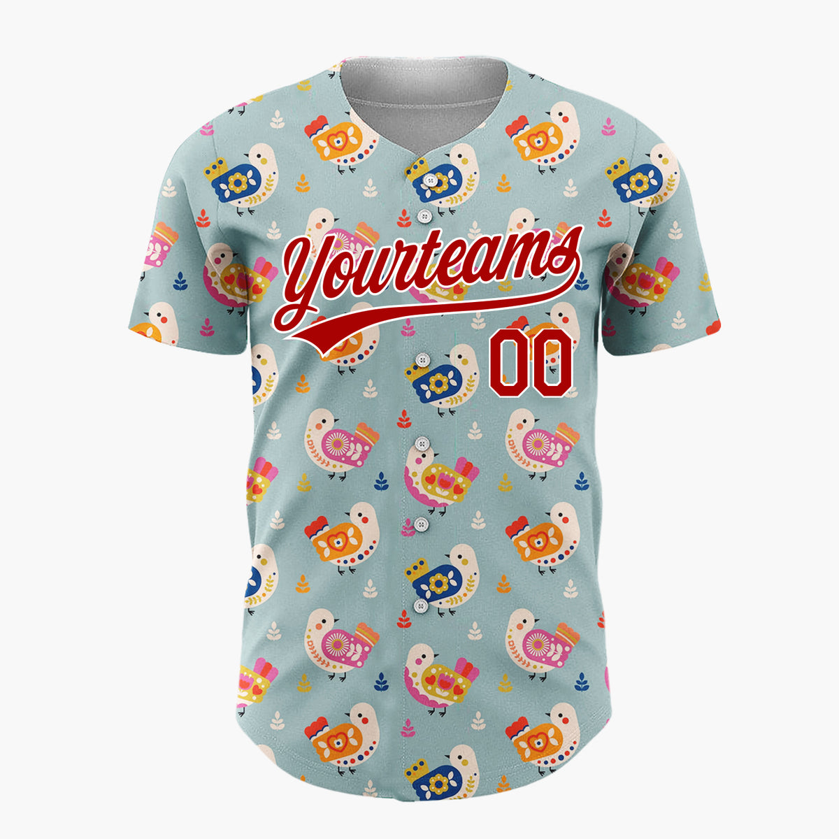 Custom Teal Pink And Orange Folk Birds Leaves Scandinavian Pattern Christmas Baseball Jersey