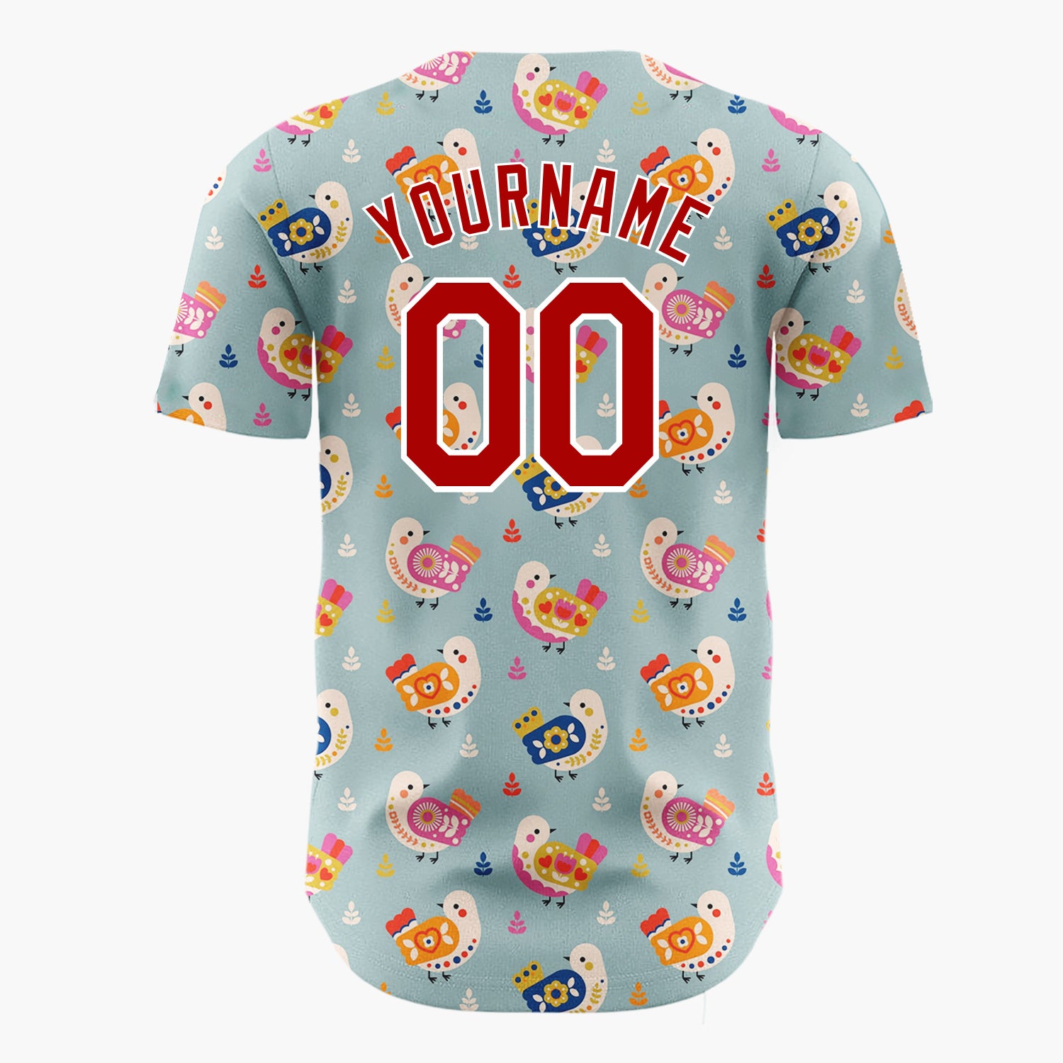 Custom Teal Pink And Orange Folk Birds Leaves Scandinavian Pattern Christmas Baseball Jersey