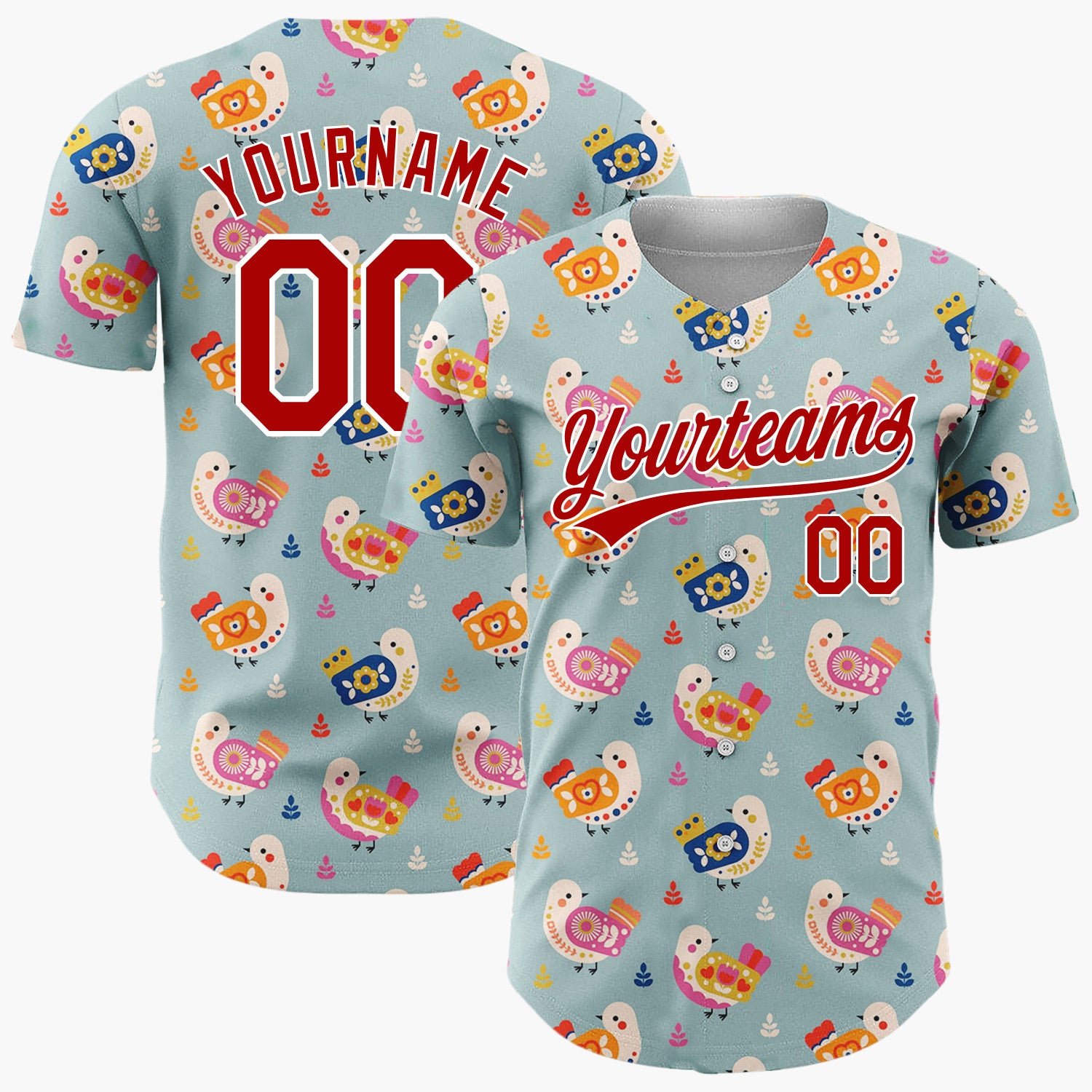 Custom Teal Pink And Orange Folk Birds Leaves Scandinavian Pattern Christmas Baseball Jersey