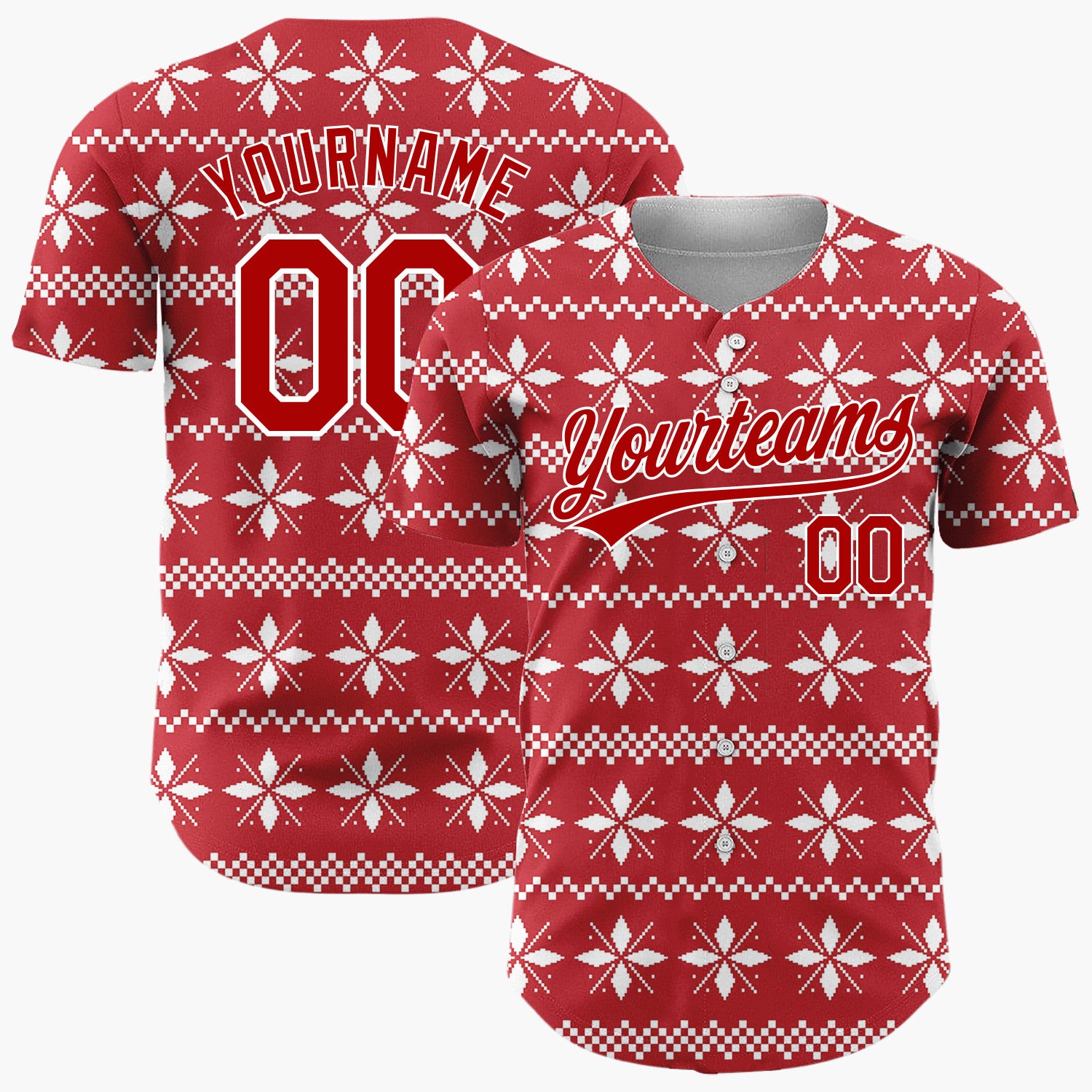 Custom Red White Snowflakes Scandinavian Knit Christmas Baseball Jersey