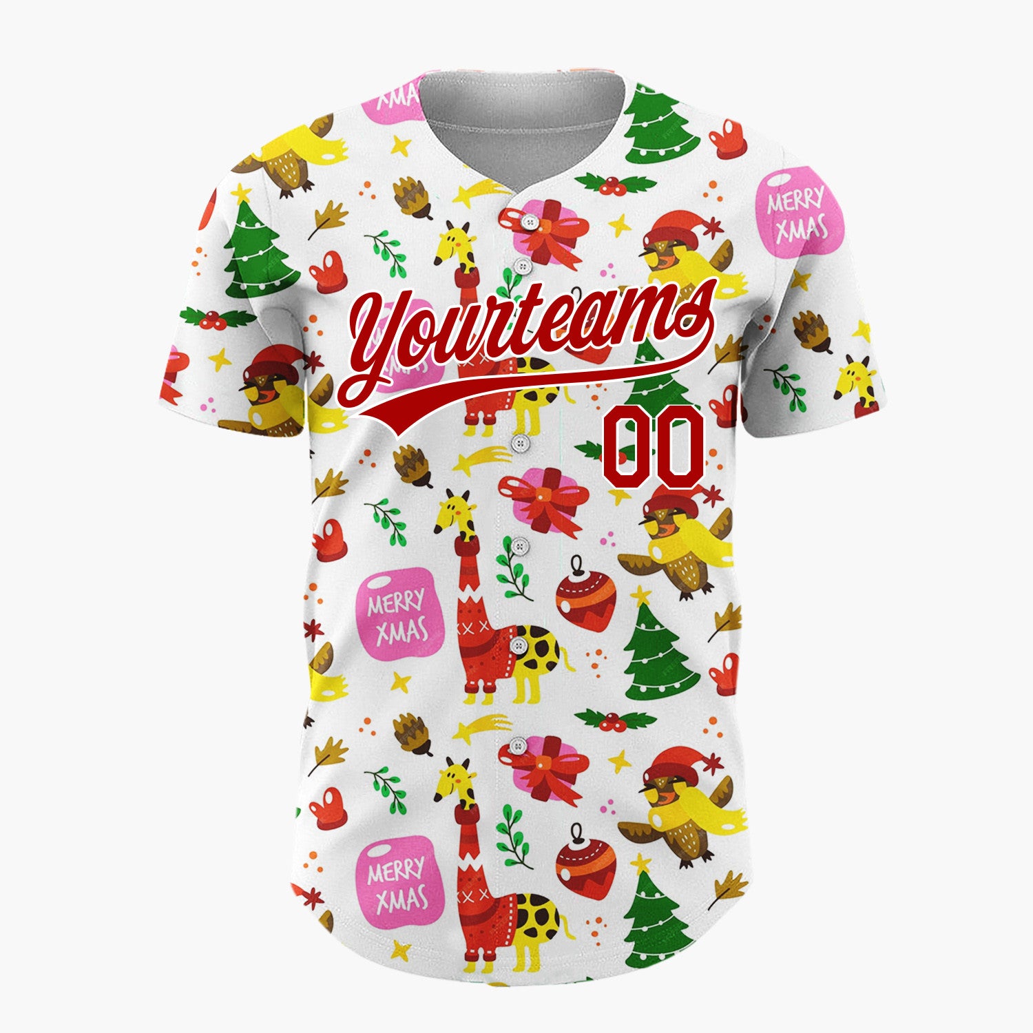 Custom White Red Green Giraffes Birds And Trees Merry Xmas Christmas Baseball Jersey