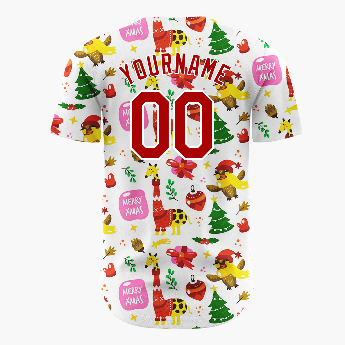 Custom White Red Green Giraffes Birds And Trees Merry Xmas Christmas Baseball Jersey