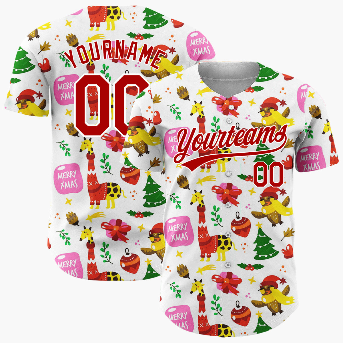 Custom White Red Green Giraffes Birds And Trees Merry Xmas Christmas Baseball Jersey
