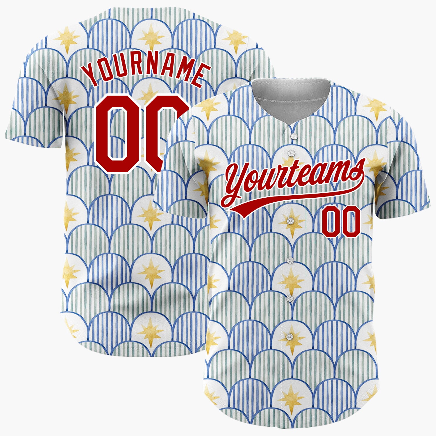 Custom White Blue Scallop Scale And Star Watercolor Pattern Christmas Baseball Jersey